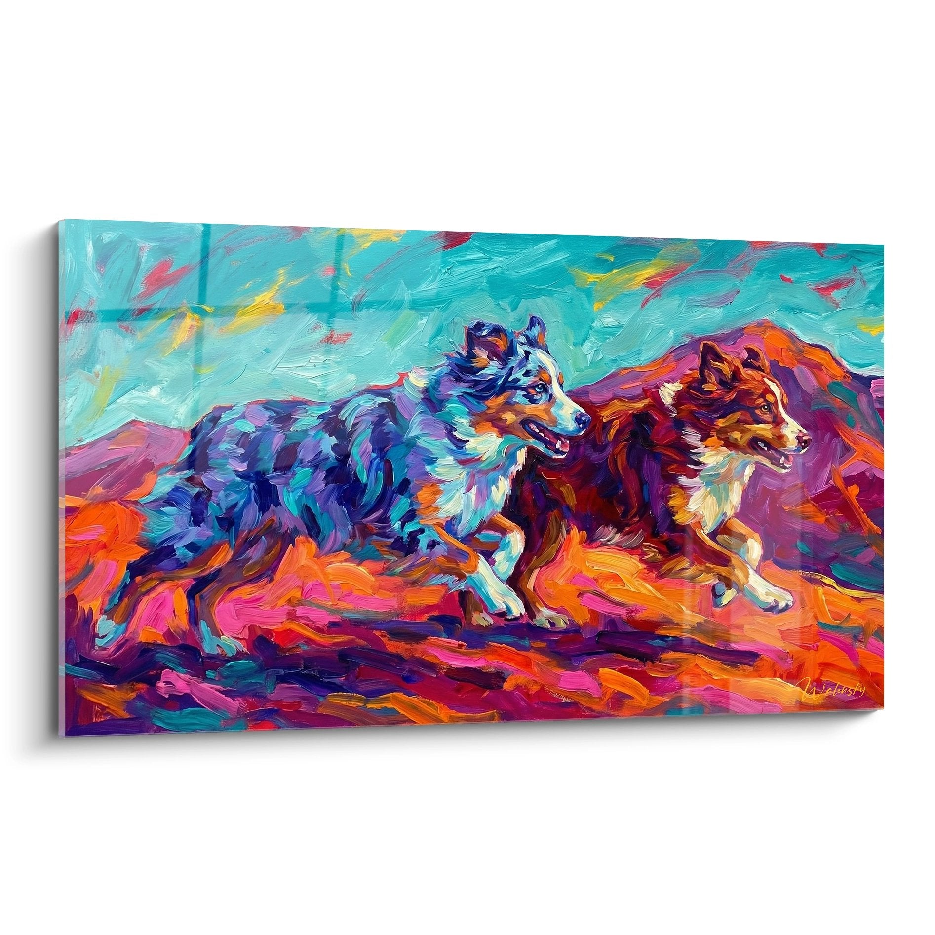 tableau coloré deux bergers americains miniatures course style expressionniste bleu orange