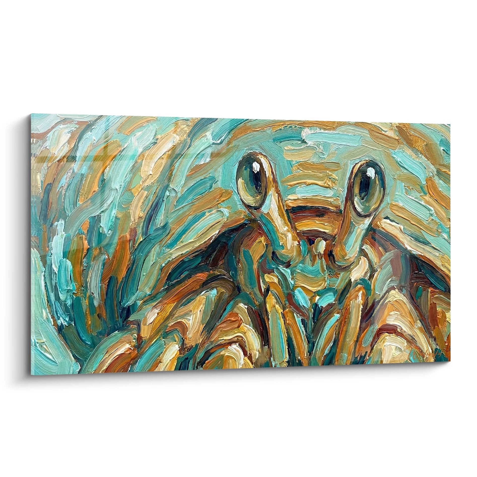 Expressionistisches Gemälde Einsiedlerkrebs türkis und gold mit wirbelnden Impastos zeitgenössischer Stil