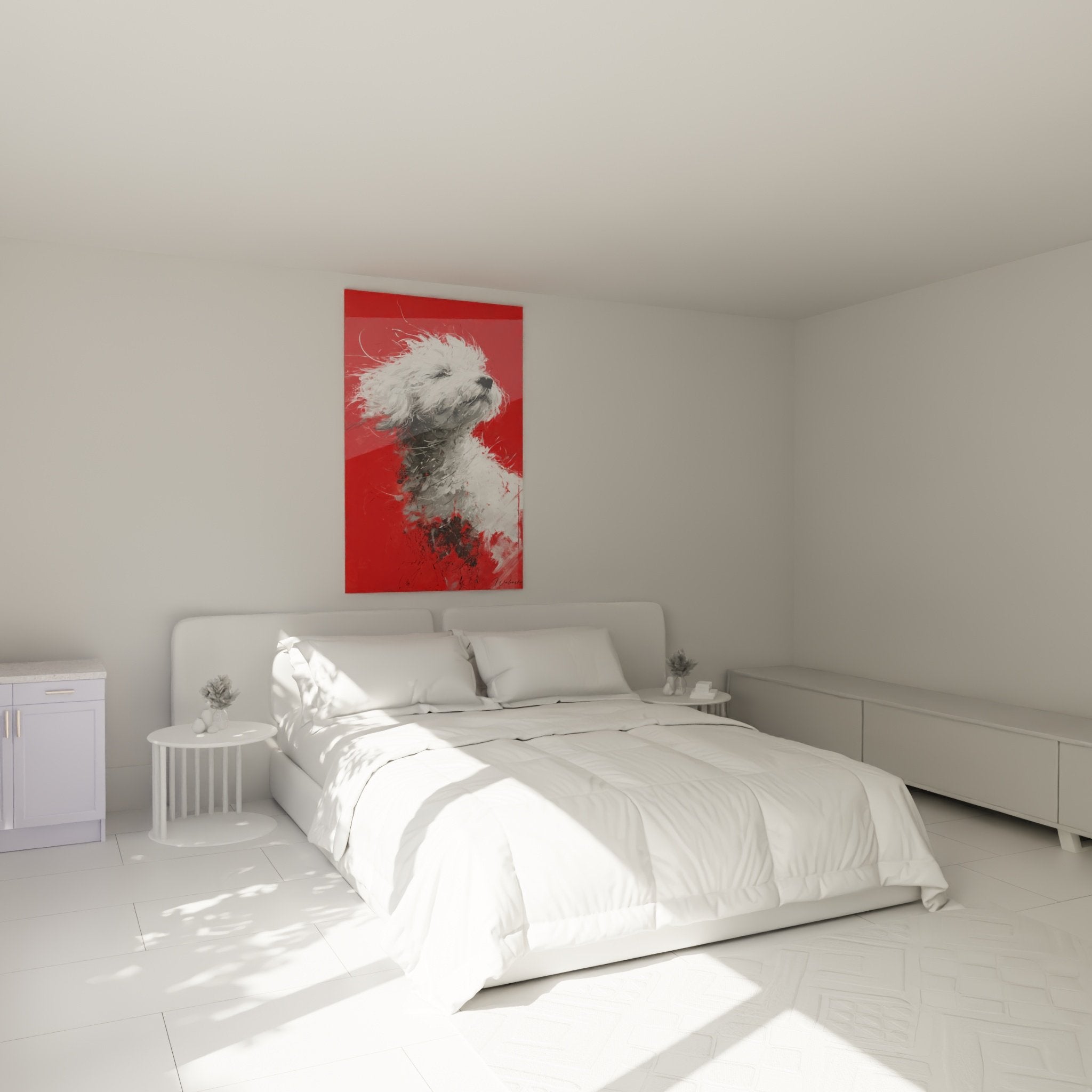 Bichon-Frise-Gemälde in Rot und Weiß an der Wand im modernen Schlafzimmer aufgehängt Wanddekoration