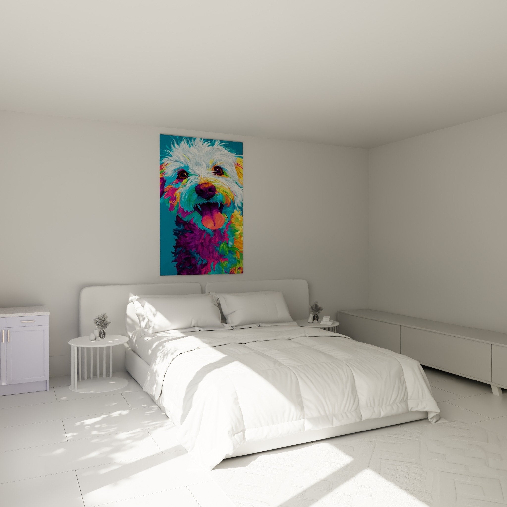 Künstlerisches Portrait eines mehrfarbigen Bichon Havanais, das ein modernes Schlafzimmer in hellen Tönen dekoriert