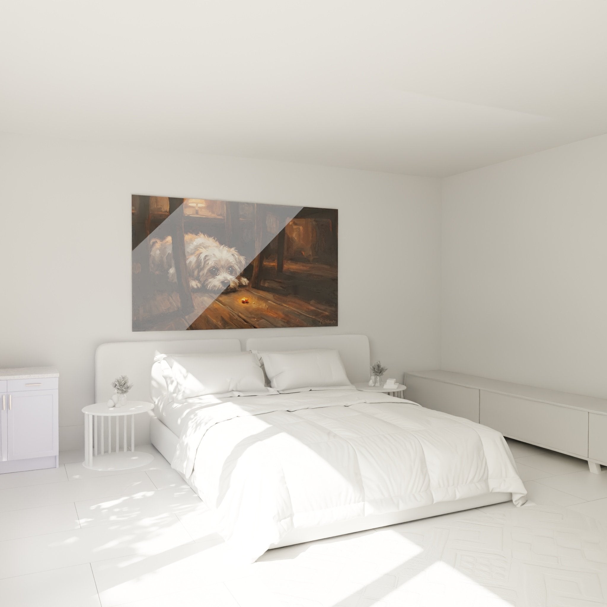 Tableau Bichon Maltais repos chambre décoration murale ambiance cosy tons dorés crème harmonieux mobilier bois naturel
