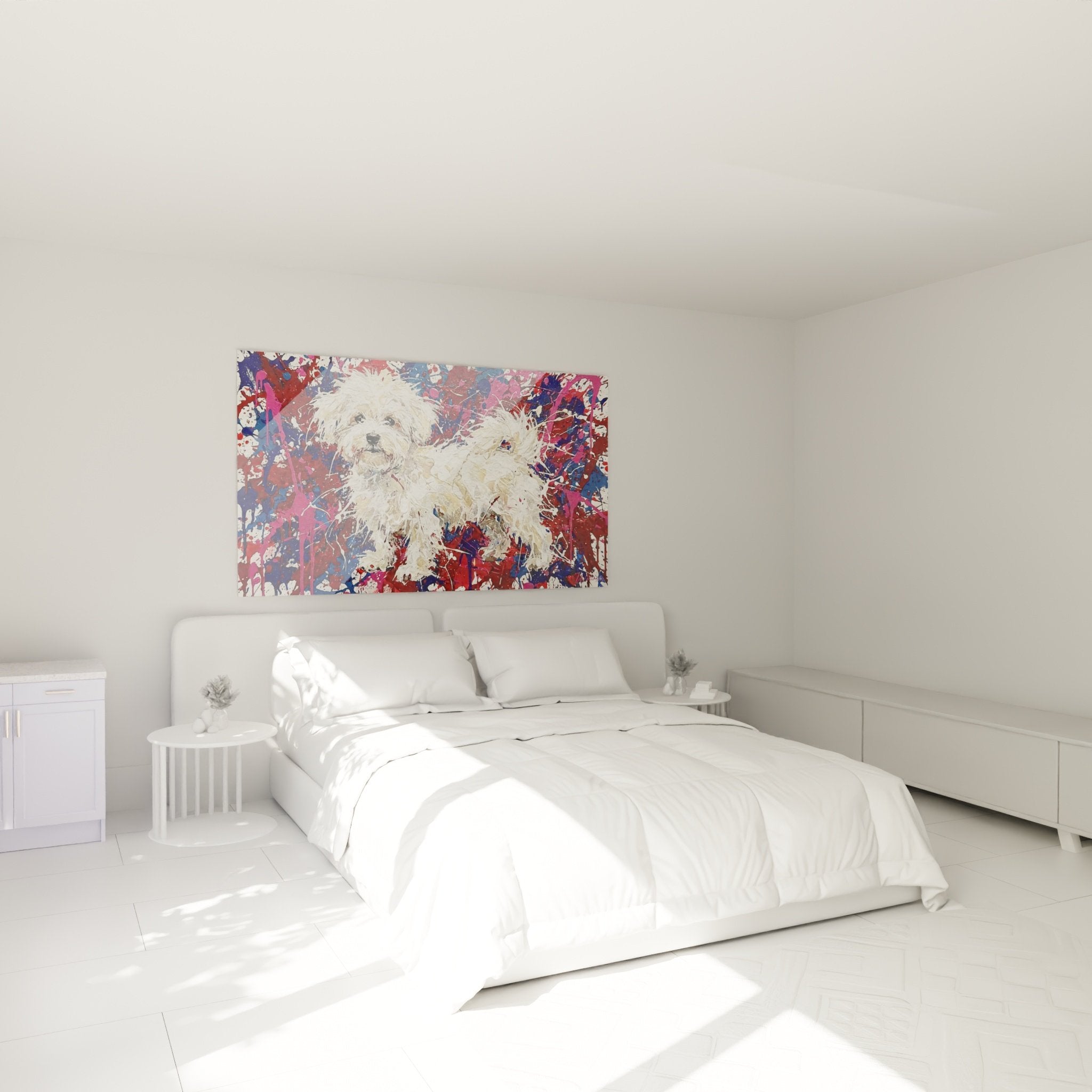 Bichon Maltais éclaboussures colorées tableau décoratif chambre mur blanc ambiance moderne