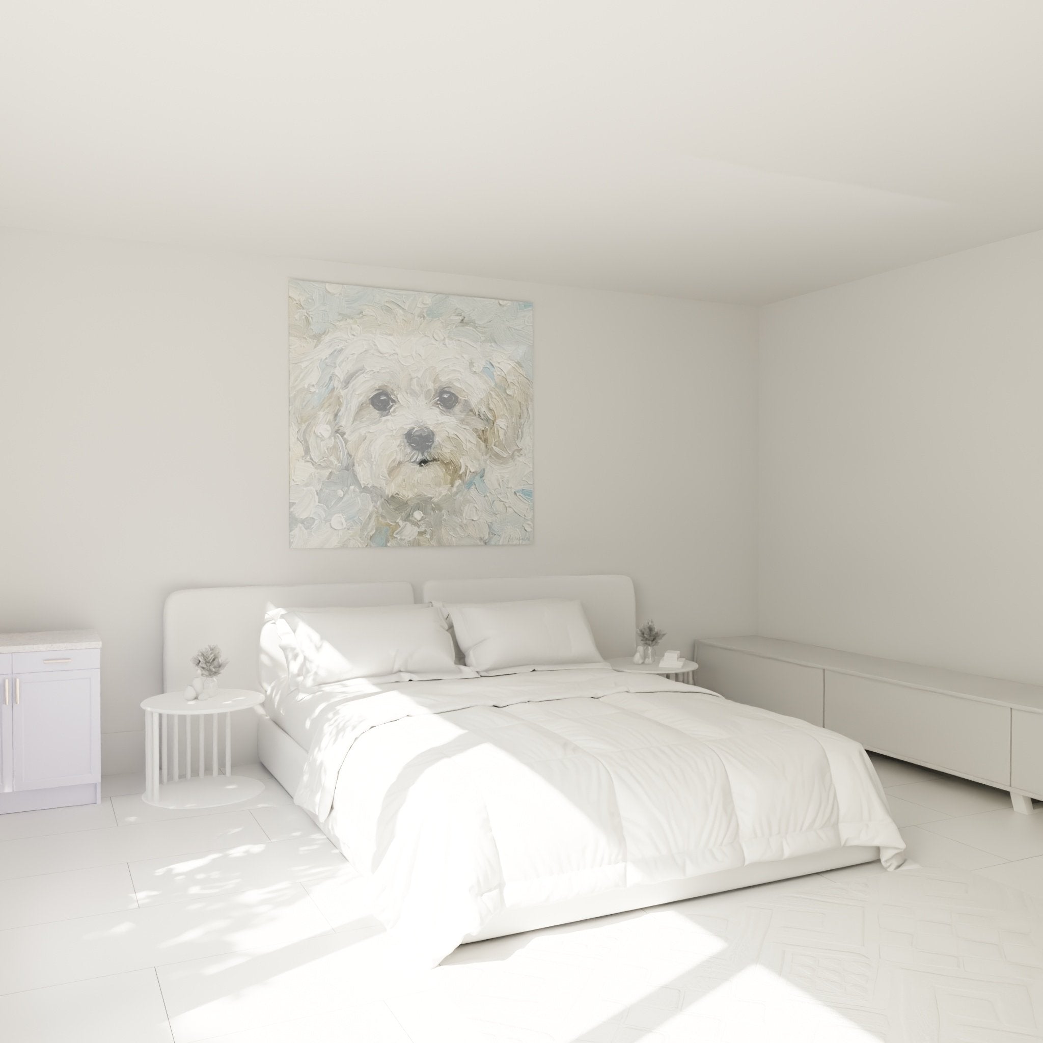 White Maltese Bichon Portrait in Bedroom Wall Art Decor Animal Art Soft Cozy Ambiance