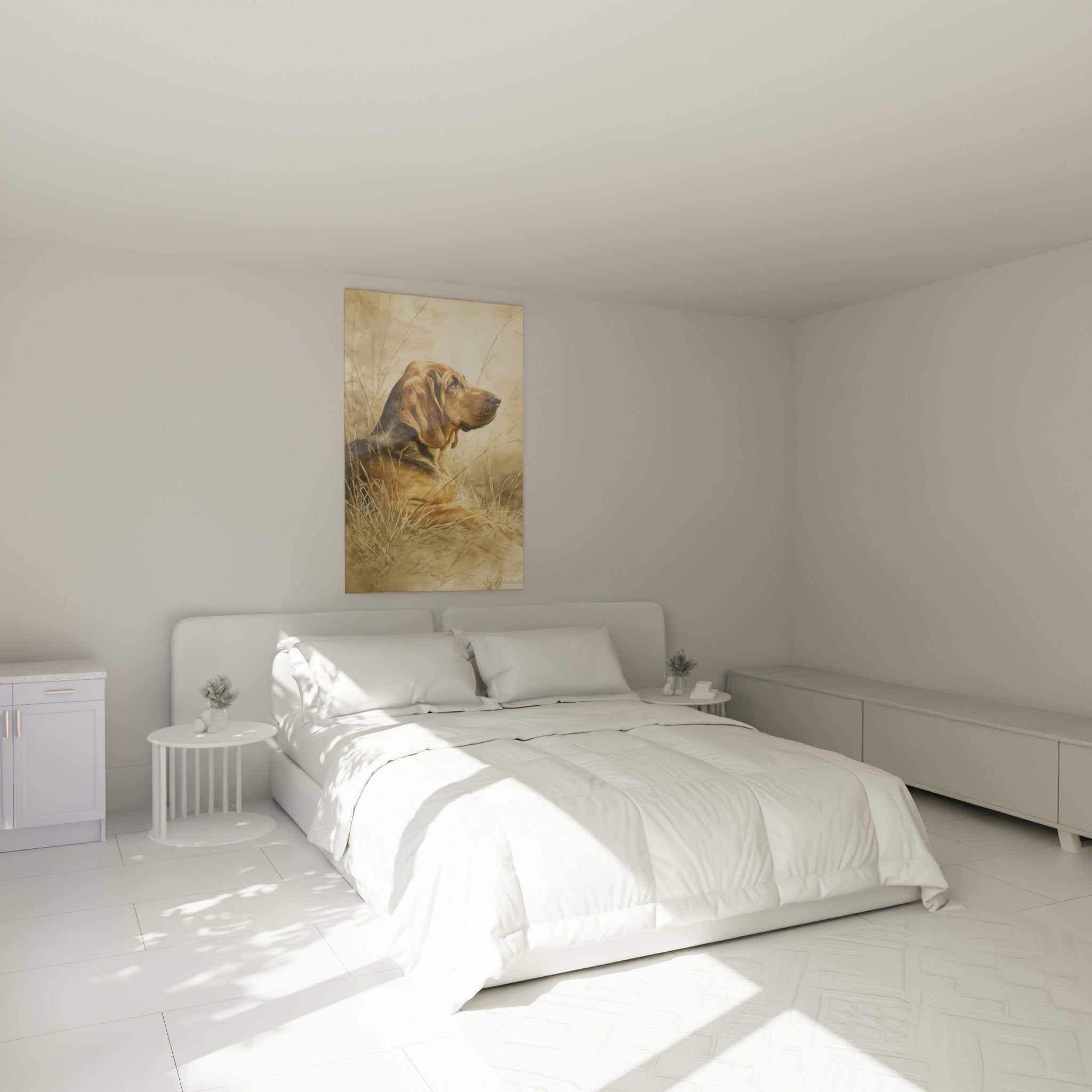 Goldenes Bloodhound-Gemälde in einem modernen Schlafzimmer, warme Atmosphäre mit Beige- und Naturtönen