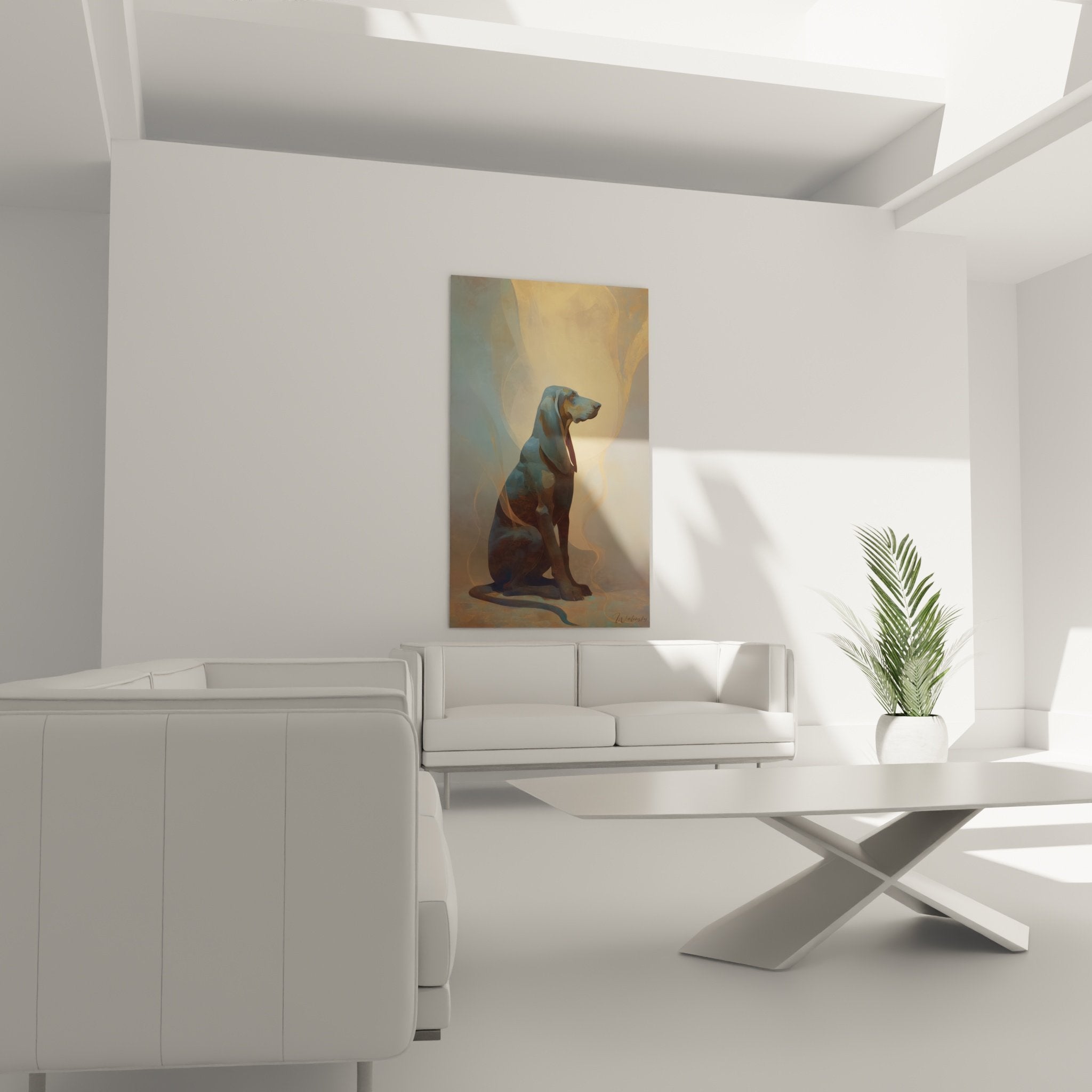 Detail rapproche portrait Bloodhound nuances bleues reflets dores texture artistique moderne