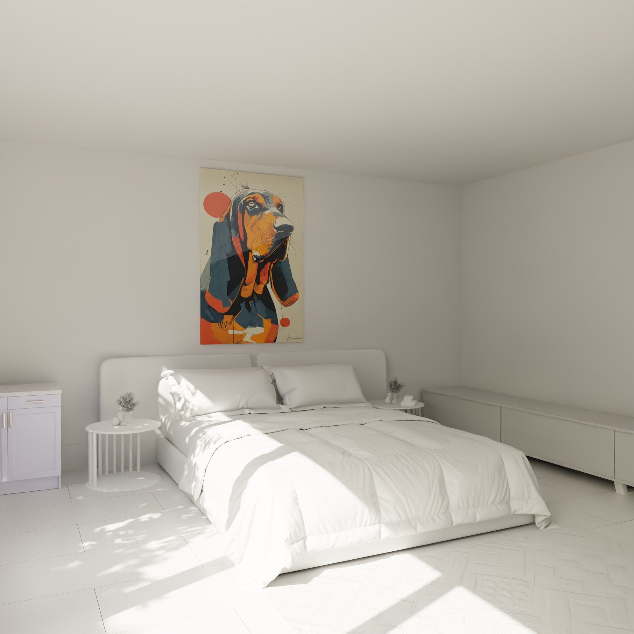 Portrait chien Bloodhound orange bleu decoration murale chambre style moderne artistique