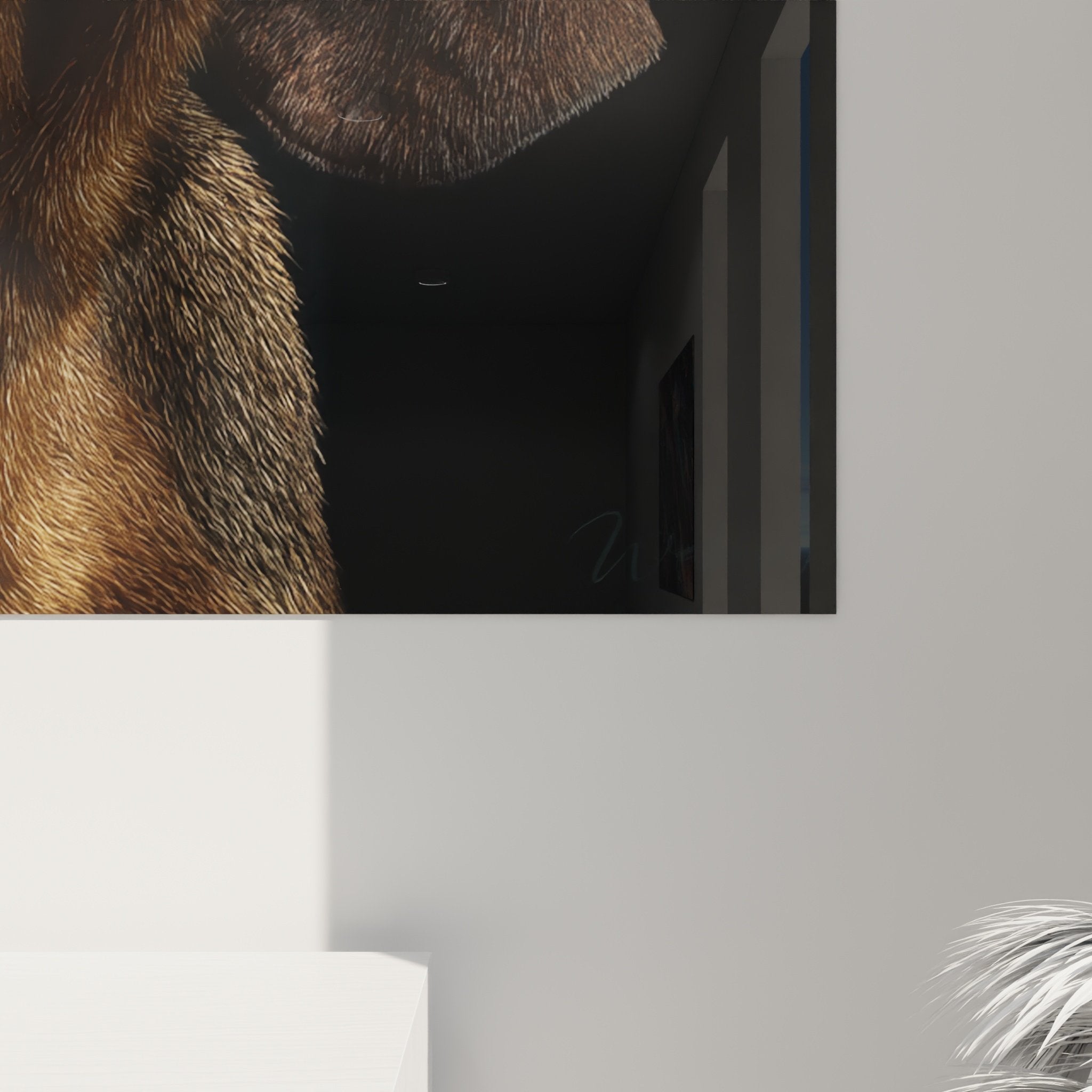 Vue d'ensemble tableau Bloodhound dans salon moderne, mise en situation décorative tons naturels