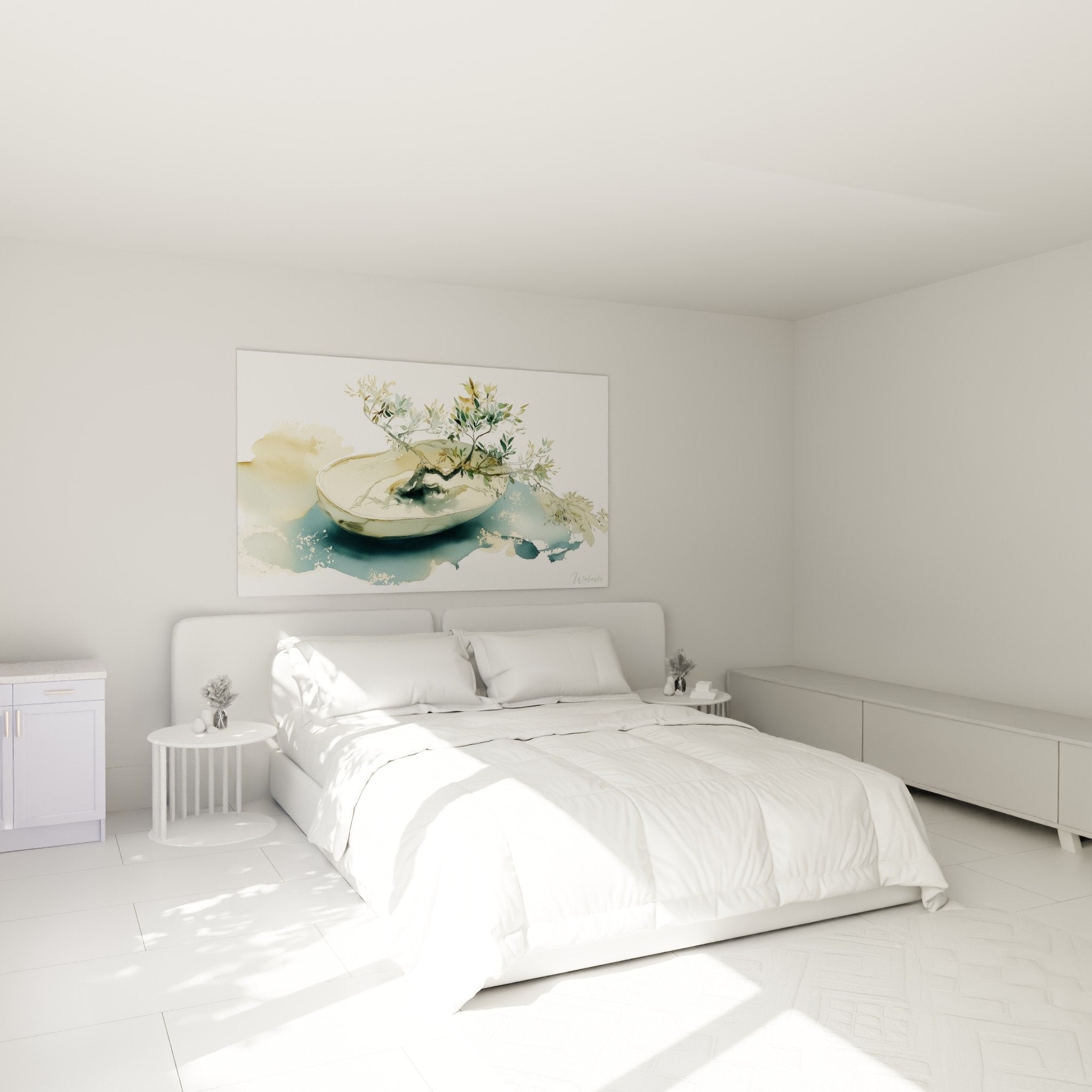 Aquarell Bonsai in Blau- und Beigetönen im Schlafzimmer Wanddekoration Zen-Kunst japanische Ikebana beruhigend