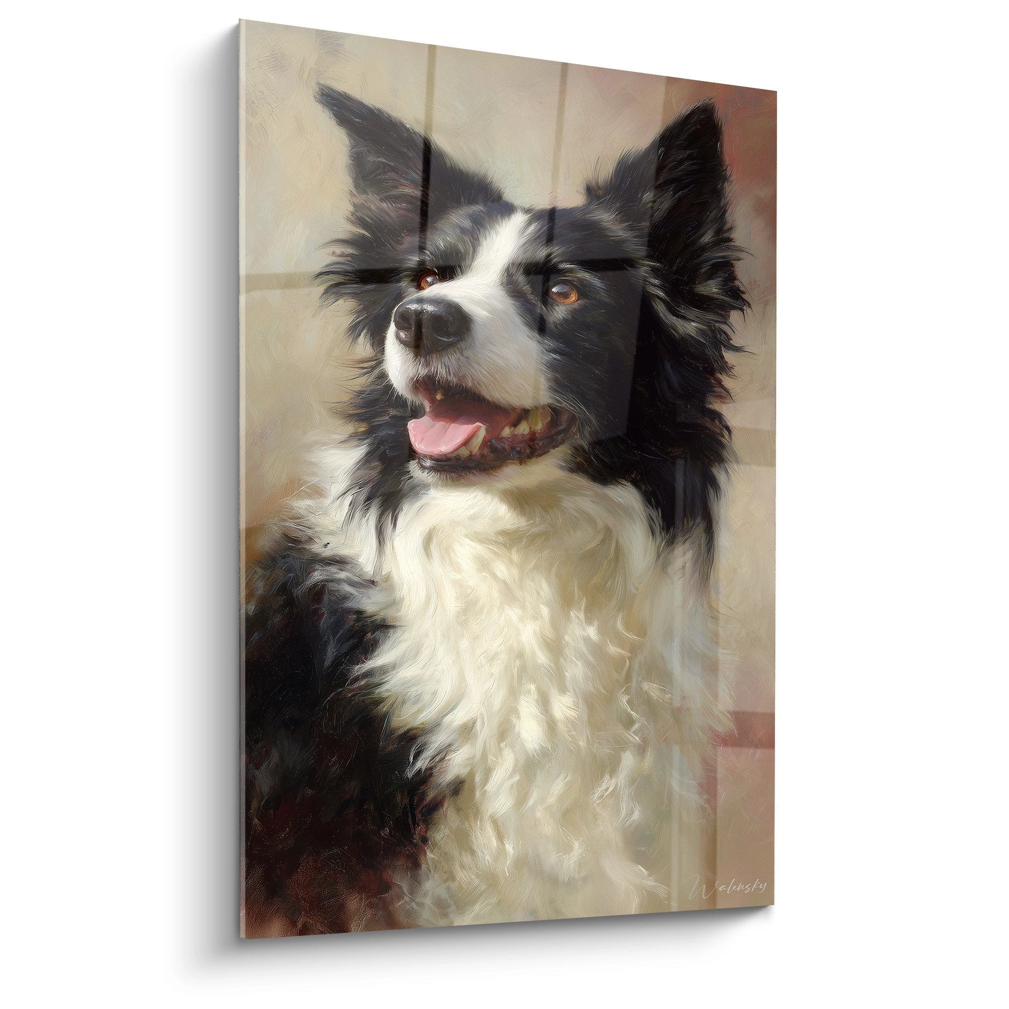 Portrait Border Collie noir blanc yeux dores tableau mural art canin expressif