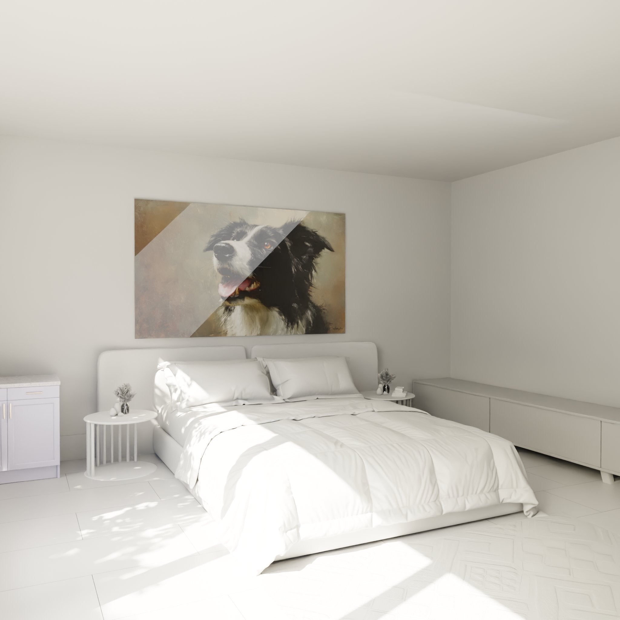 Quadro ritratto border collie cane bianco nero decorazione murale camera ambiance calorosa