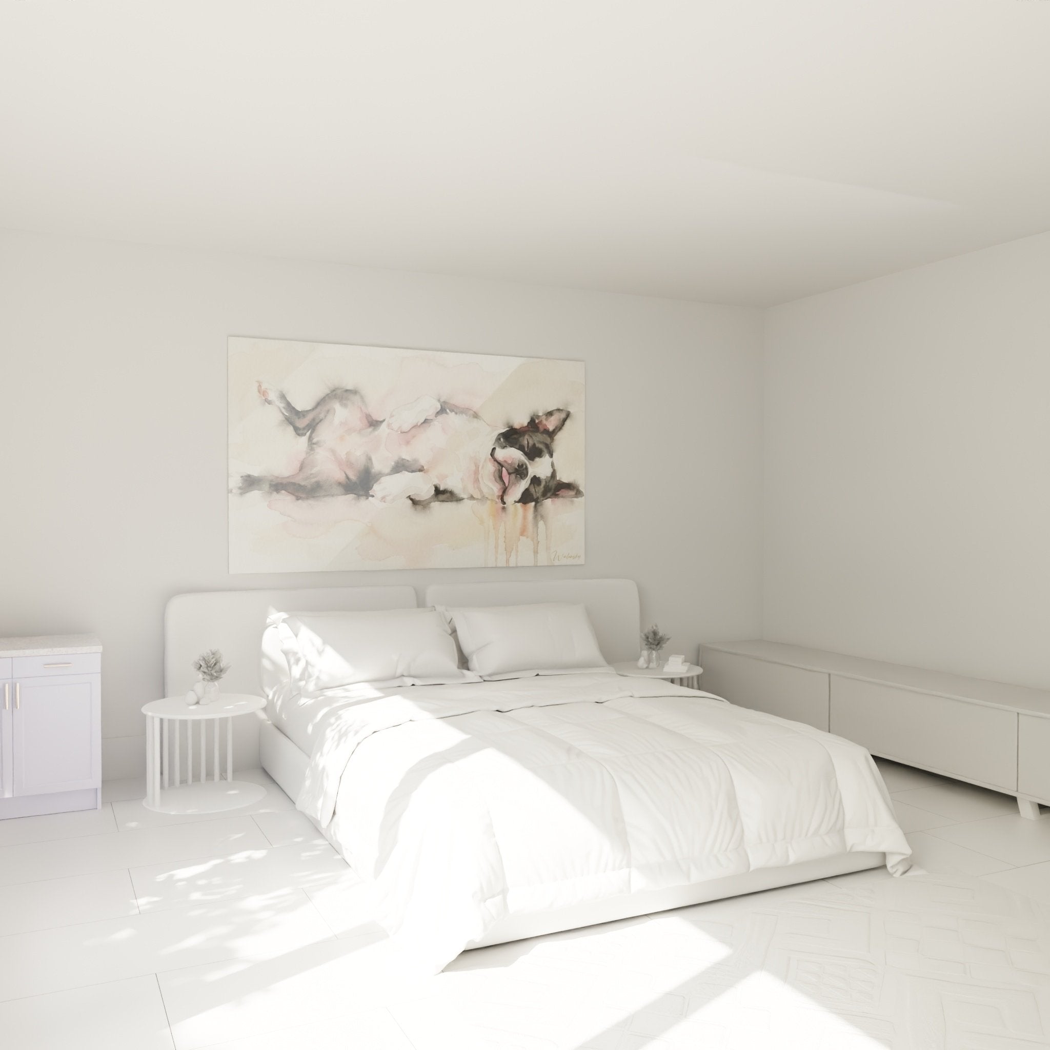 Boston Terrier Aquarell Gemälde Rosa Schlafzimmer Wanddekoration sanfte Atmosphäre Gemütlichkeit