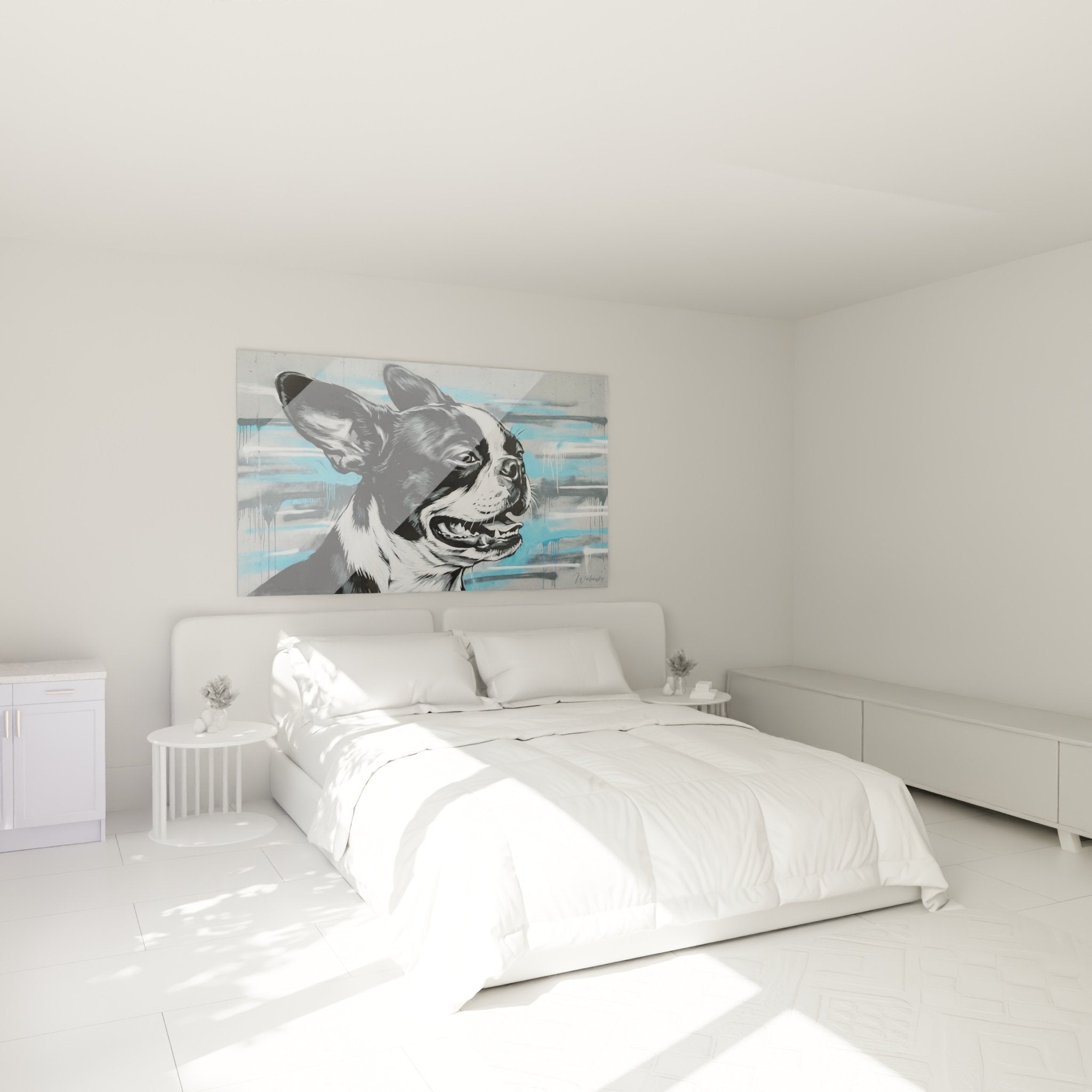 Tableau Boston Terrier expression joyeuse dans chambre moderne mur blanc mobilier contemporain decoration murale
