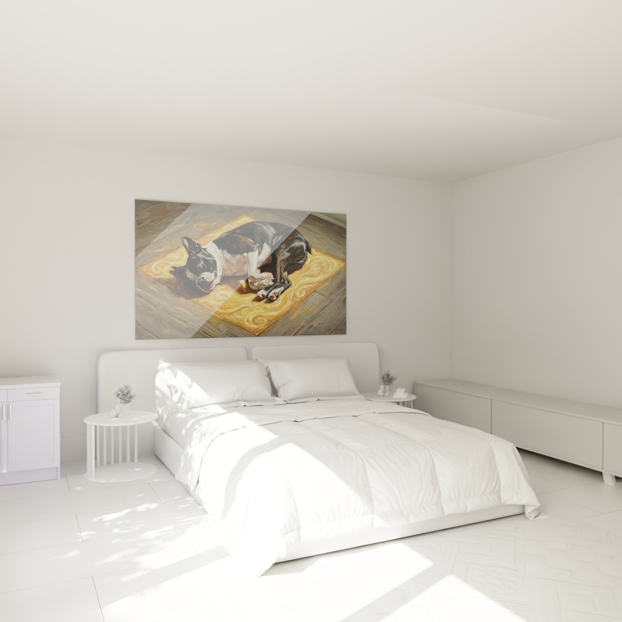 Boston Terrier endormi tableau mural dans chambre cosy aux tons beiges et dorés, décoration murale apaisante