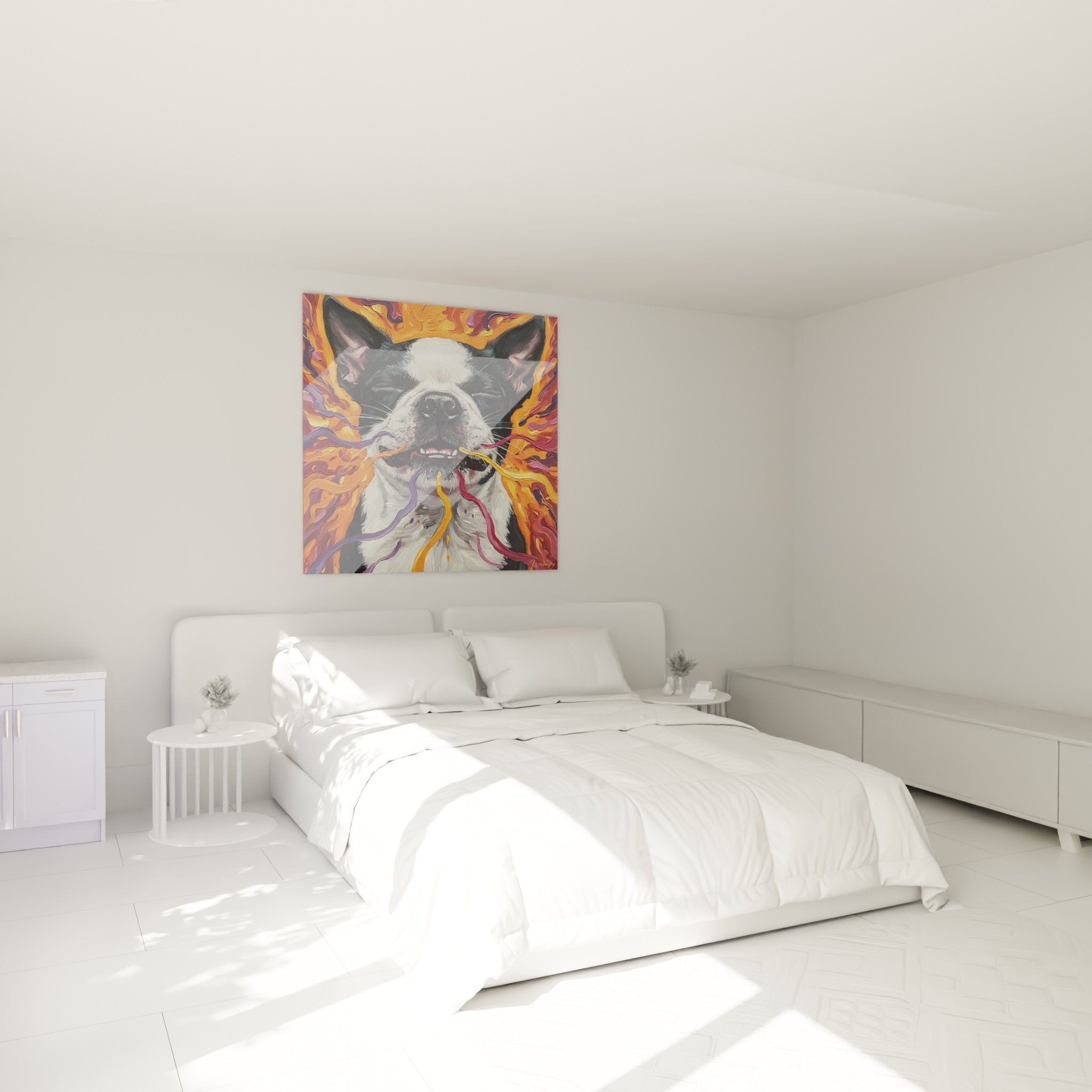 Tableau Boston Terrier psychédélique flammes colorées décorant chambre moderne mur blanc design contemporain