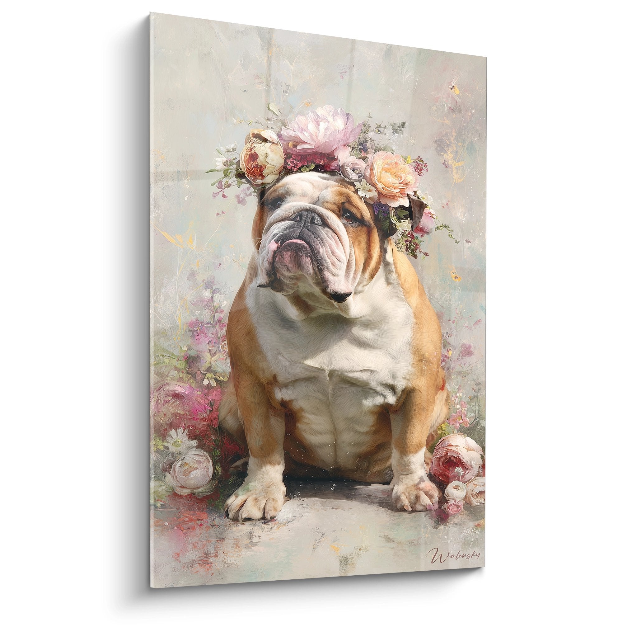 Portrait artistique Bouledogue Anglais avec couronne de roses pastel et pivoines sur fond gris doré