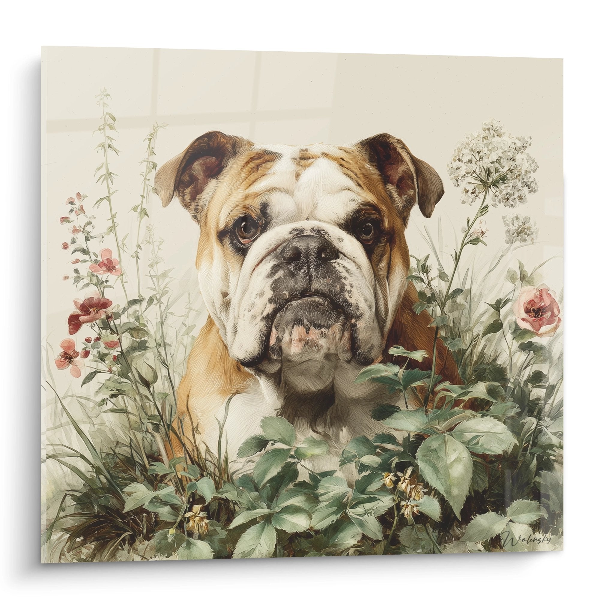 Artistic portrait English Bulldog surrounded by pink and white flowers vintage botanical style cream background