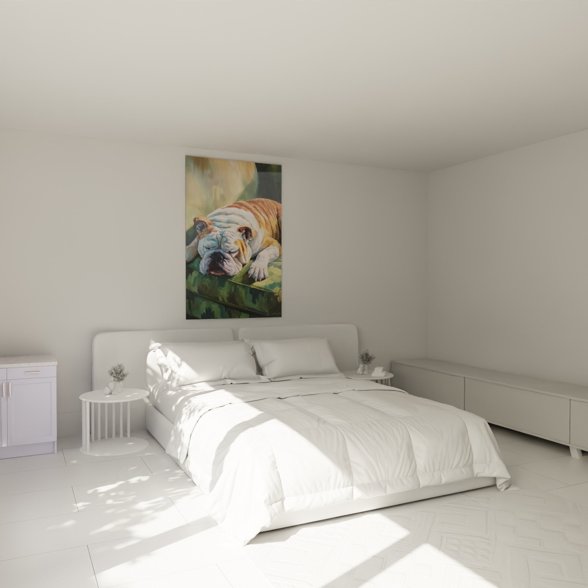 Tableau Bouledogue Anglais paisible dans chambre moderne, décoration murale apaisante tons beiges et verts