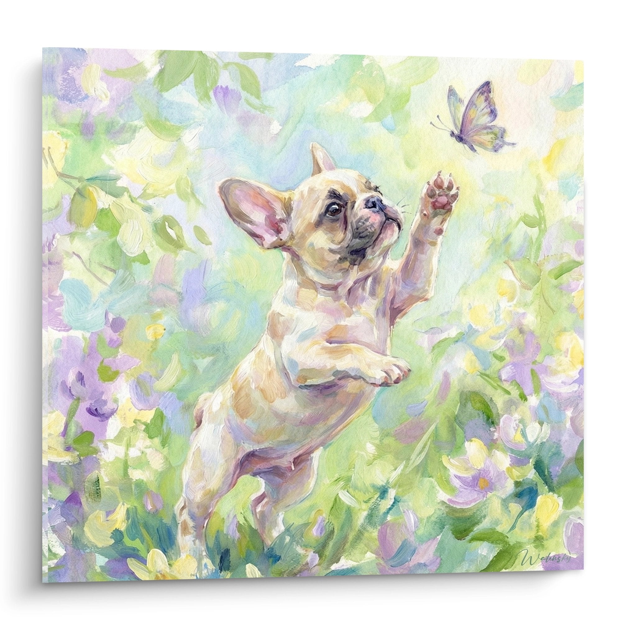 aquarell-gemälde französische bulldogge creme spielt mit schmetterling blumengarten pastelltöne