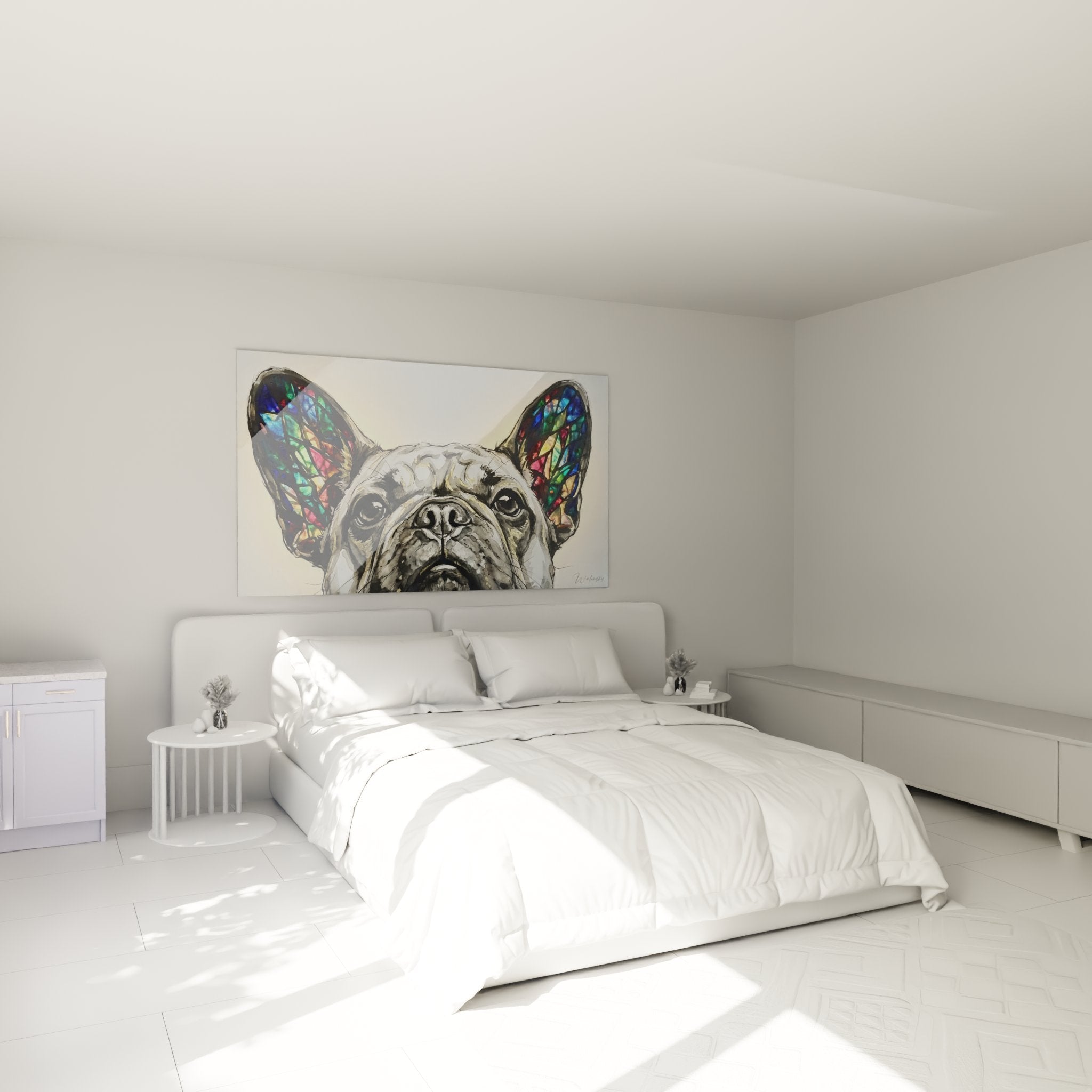 Artistic portrait French bulldog colorful ears in modern bedroom