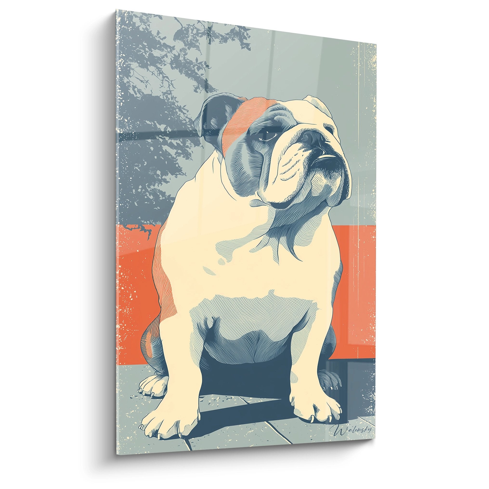 Portrait graphique de Bouledogue Anglais aux tons corail et gris sur fond geometrique moderne