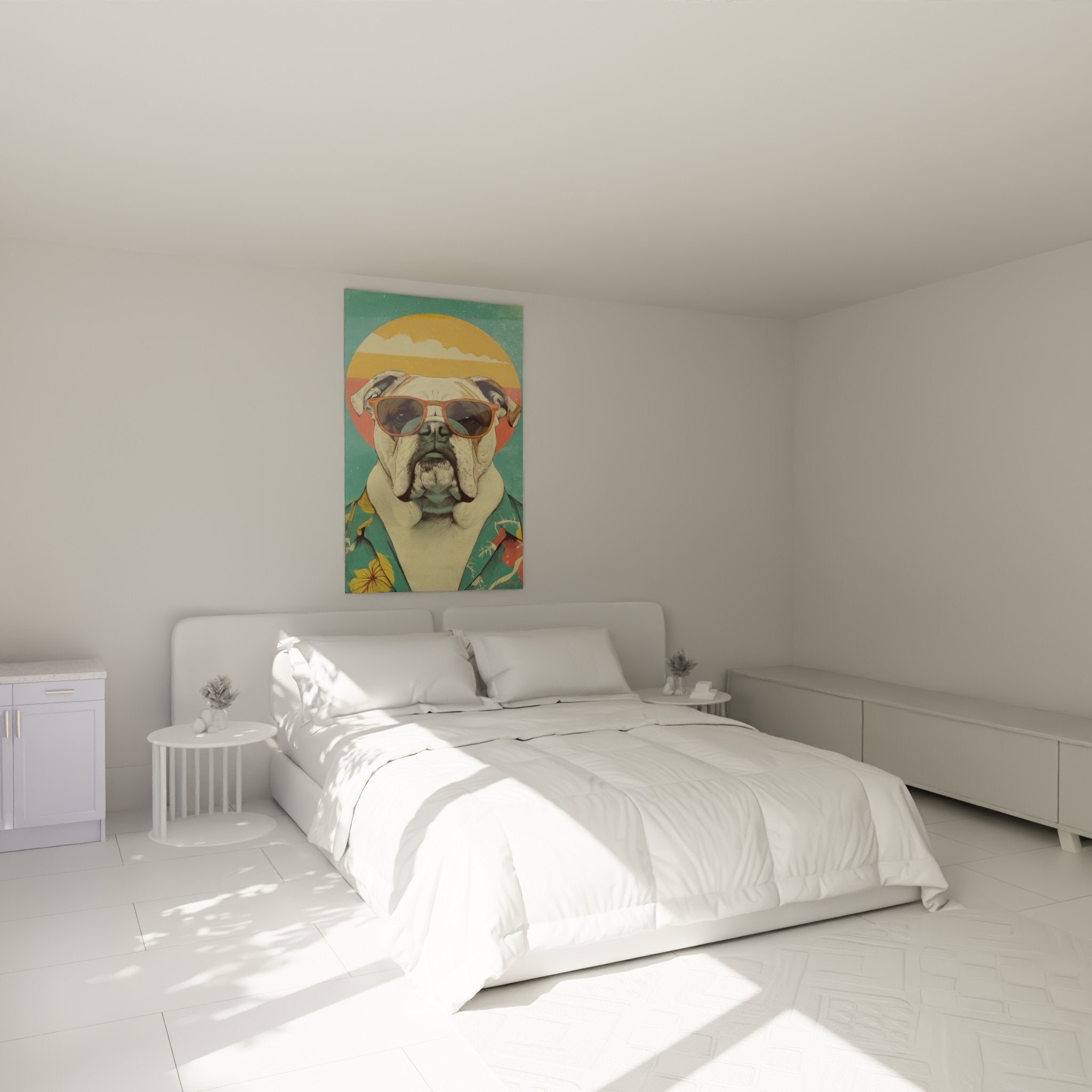 Tableau bouledogue tropical lunettes dans chambre moderne murs blancs ambiance décontractée