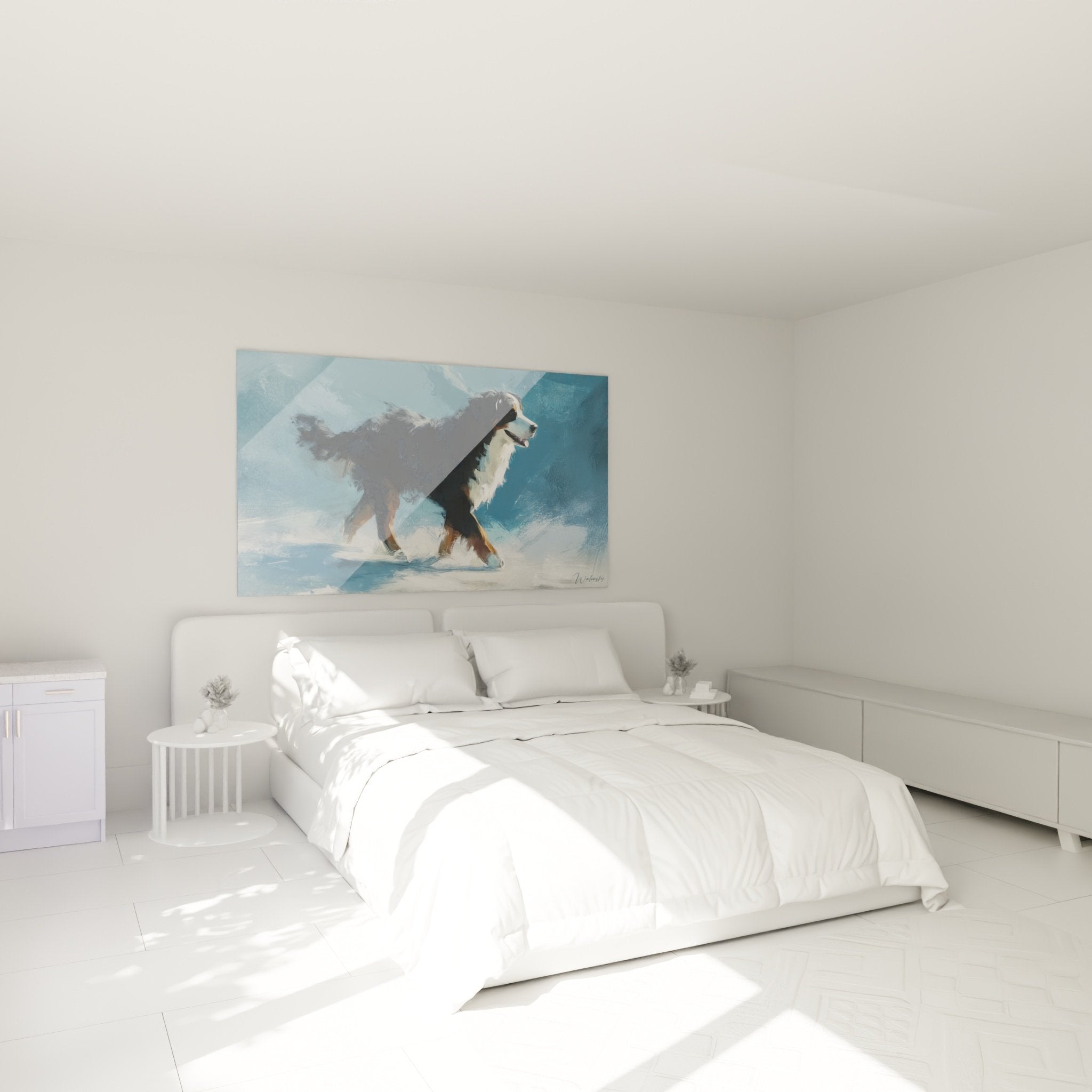 Bernese Mountain Dog blue wall art in modern bedroom with natural and calming decor