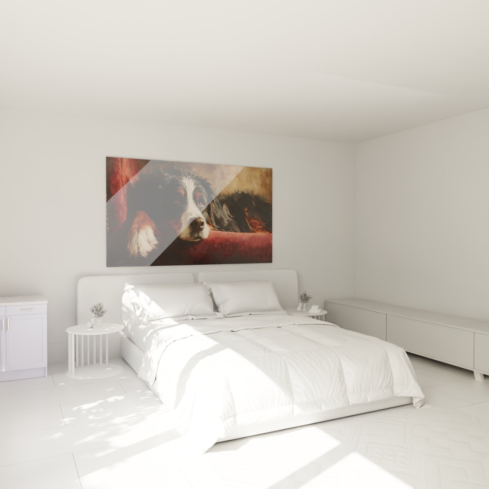 Bernese Mountain Dog Wall Art in Modern Bedroom, Tricolor Dog Mural Decoration Warm Cozy Ambiance