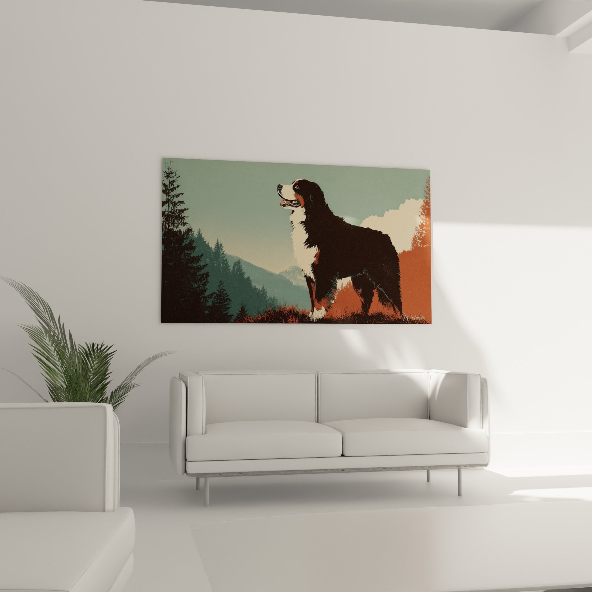 Close-up detail of tricolor Bernese Mountain Dog on mountain landscape canvas with sunset copper tones