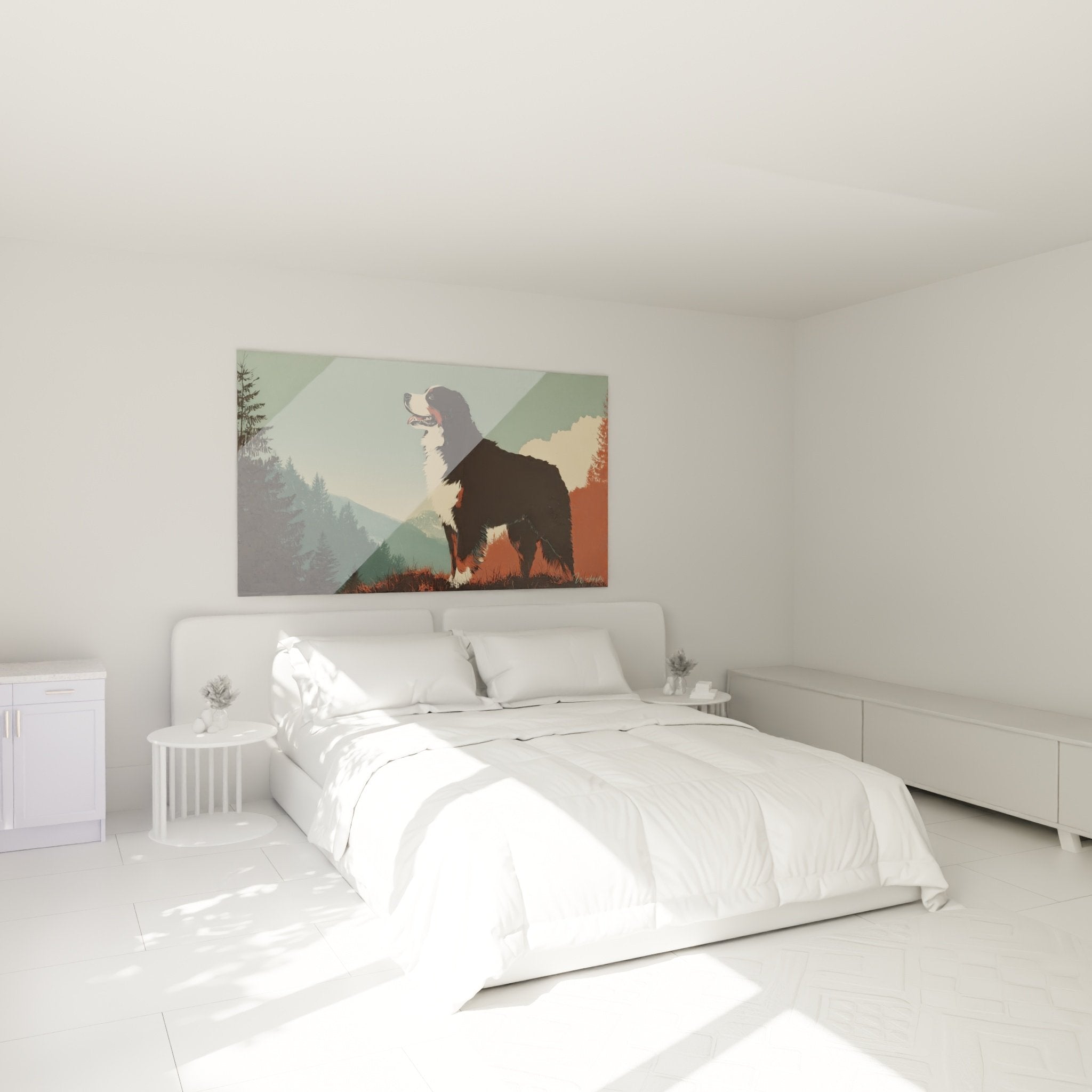 Bernese Mountain Dog painting mountain sunset in bedroom with warm cozy atmosphere beige walls