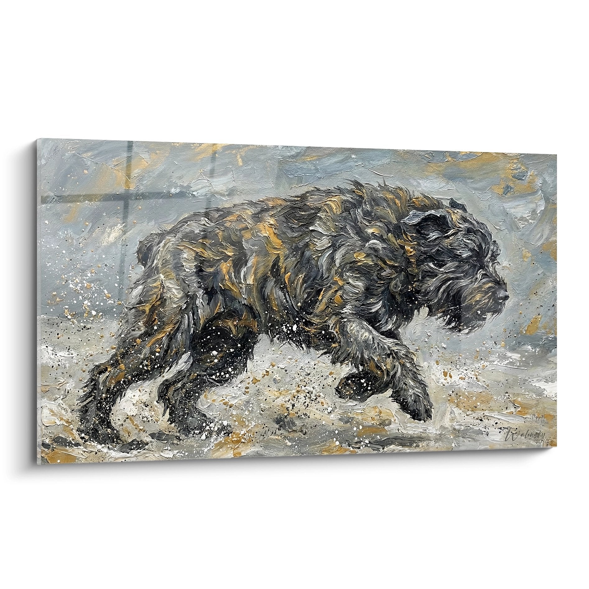 Quadro espressionista di un Bovaro delle Fiandre che si scrolla nell'acqua, tonalità grigie e dorate, tecnica dell'impasto