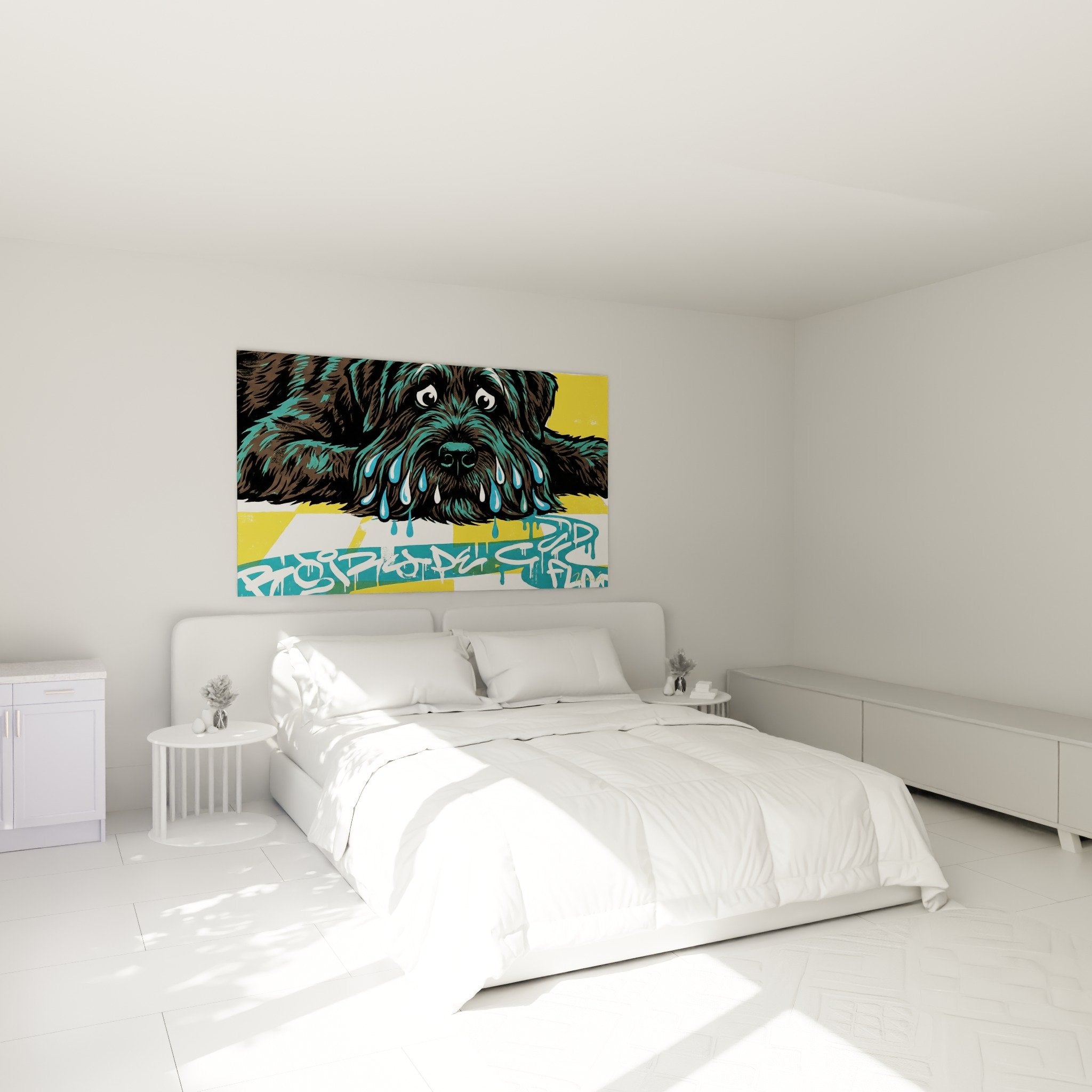 Quadro Bouvier delle Fiandre gocce blu che decora camera moderna parete bianca atmosfera contemporanea