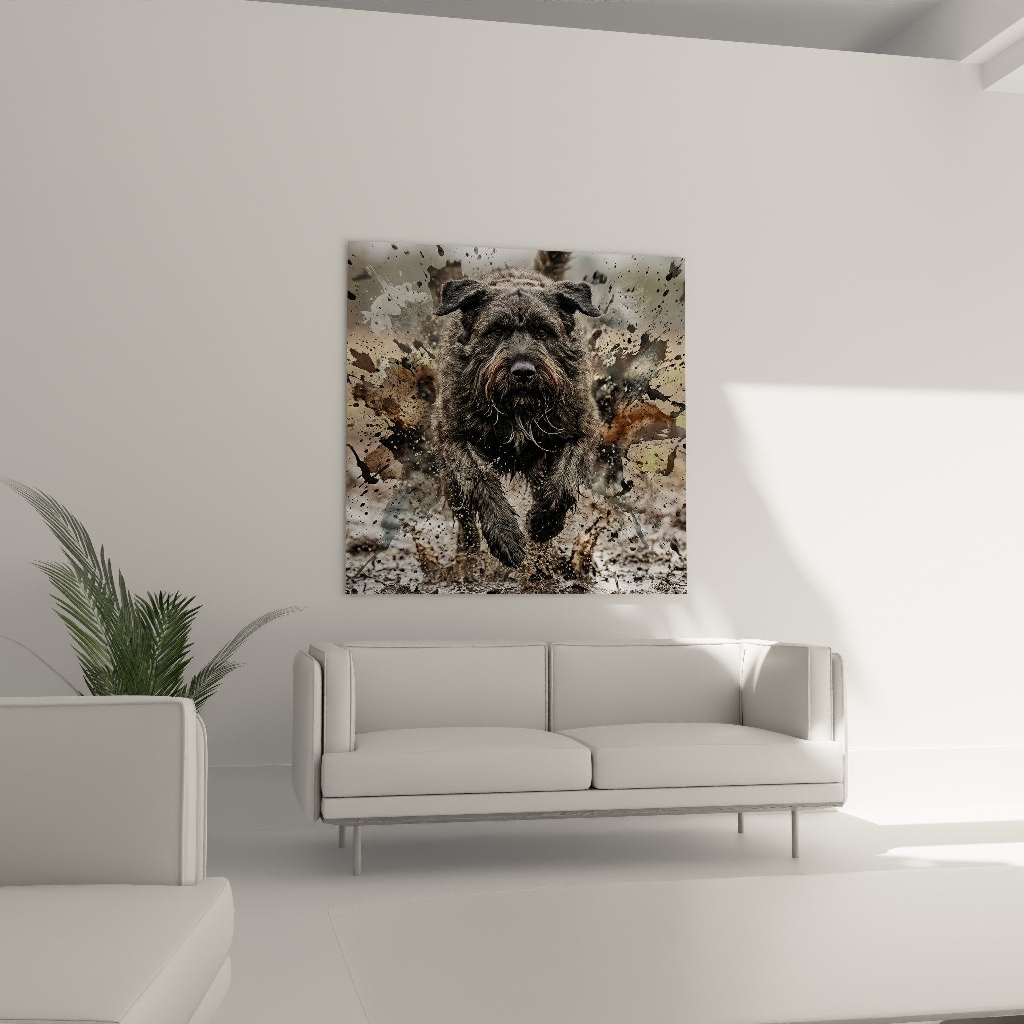 Détail gros plan Bouvier des Flandres regard intense, texture pelage et effets terre artistiques