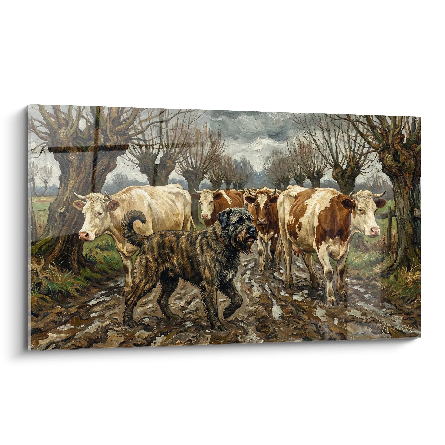 Tableau Bouvier des Flandres brindle gardant troupeau vaches paysage rural saules automnal tons ocre beige