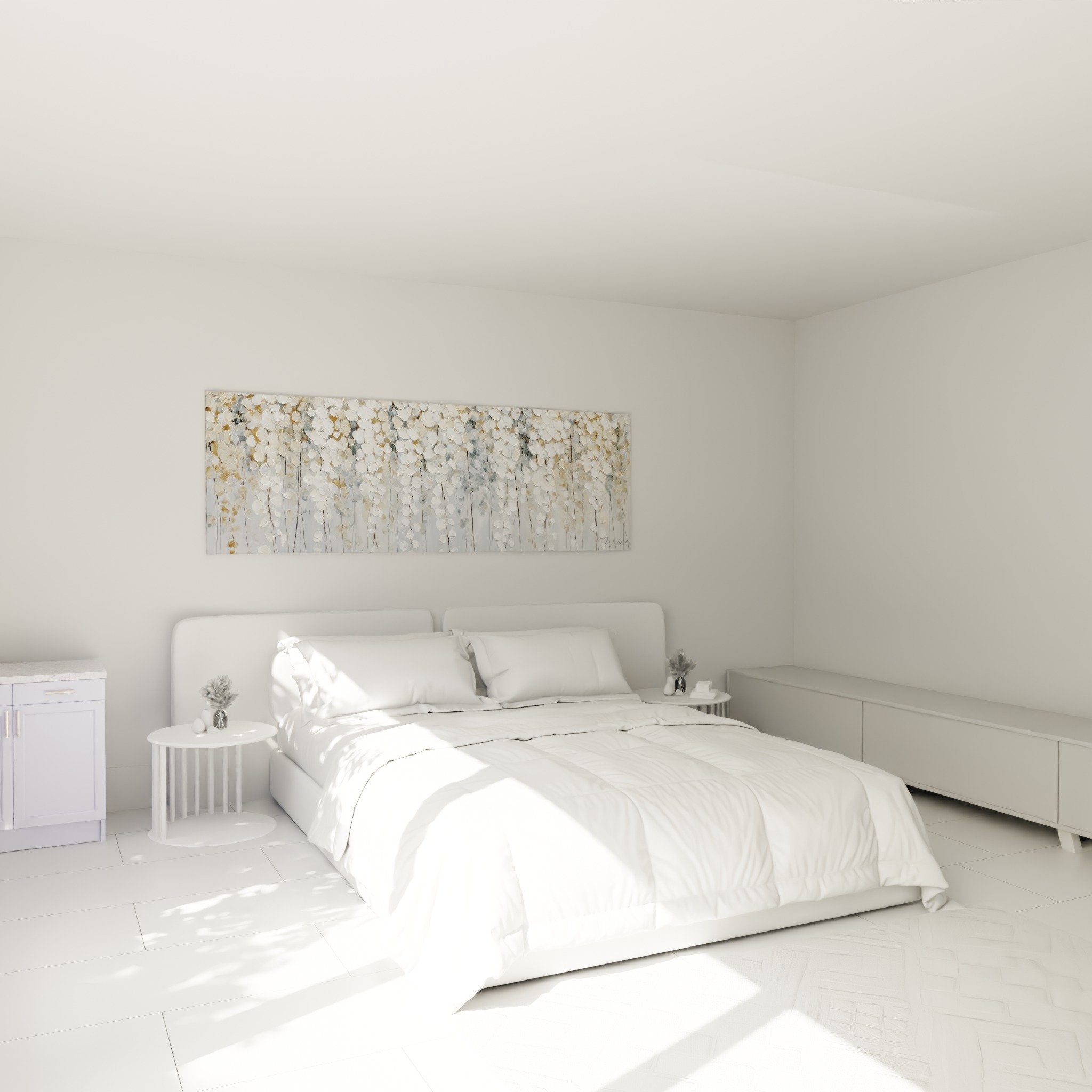 White flowering branches wall art in modern bedroom with zen decoration and pearlescent palette