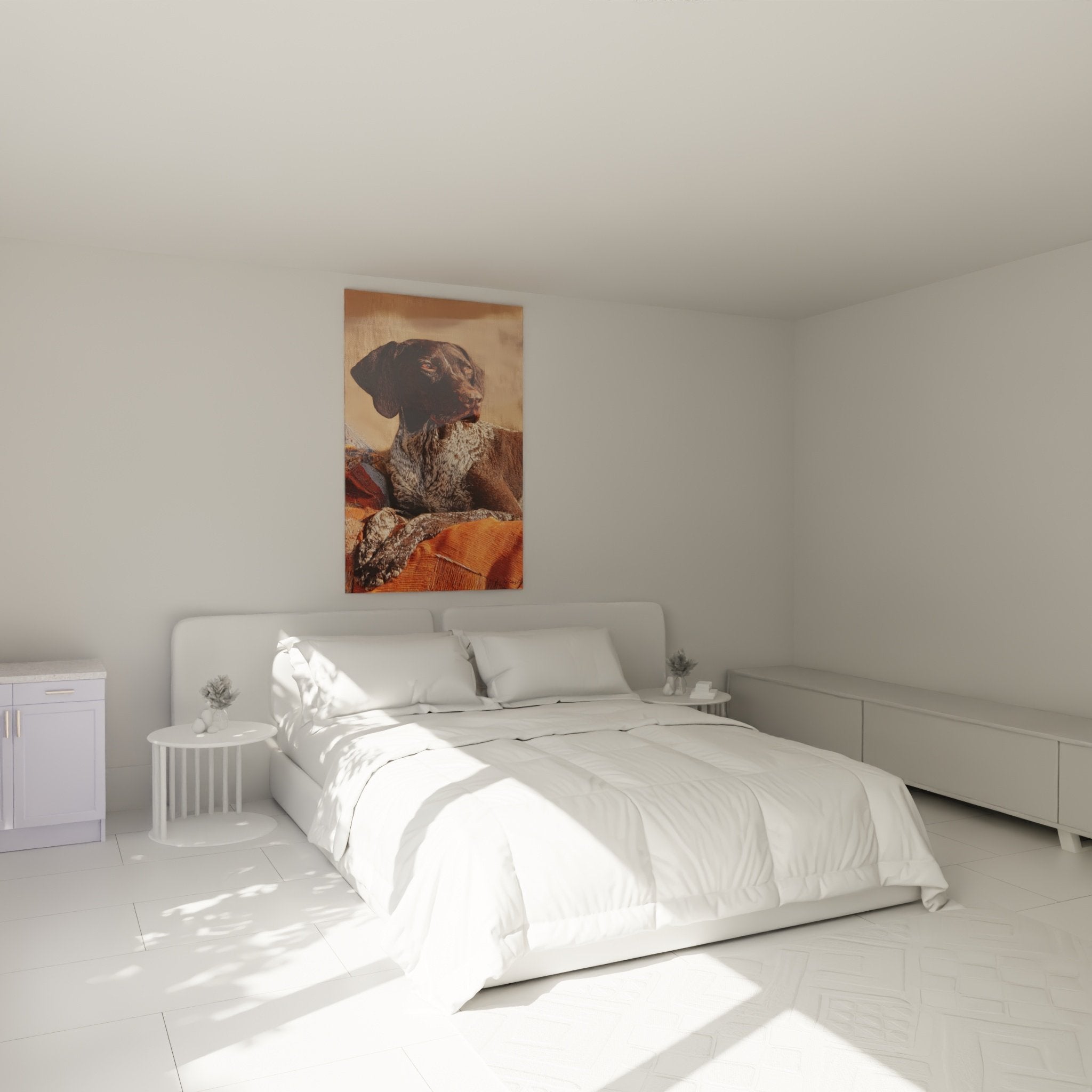 German Braque painting caramel tones decorating modern bedroom beige wall warm ambiance