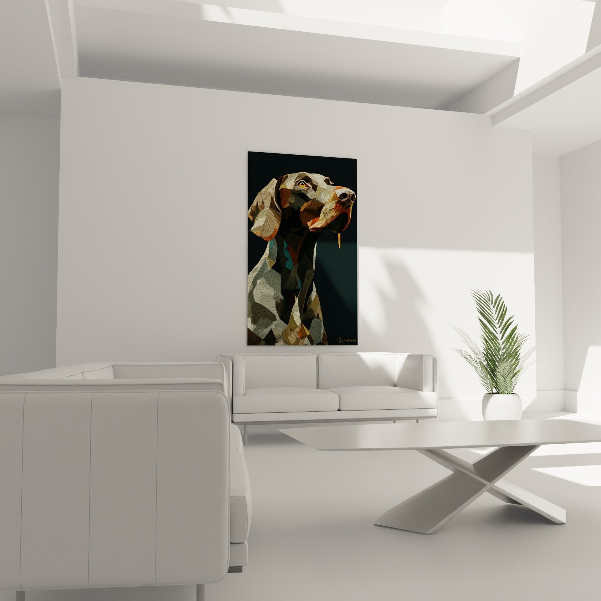 Détail portrait Braque Allemand facettes géométriques œil doré pelage brun fragmentation artistique