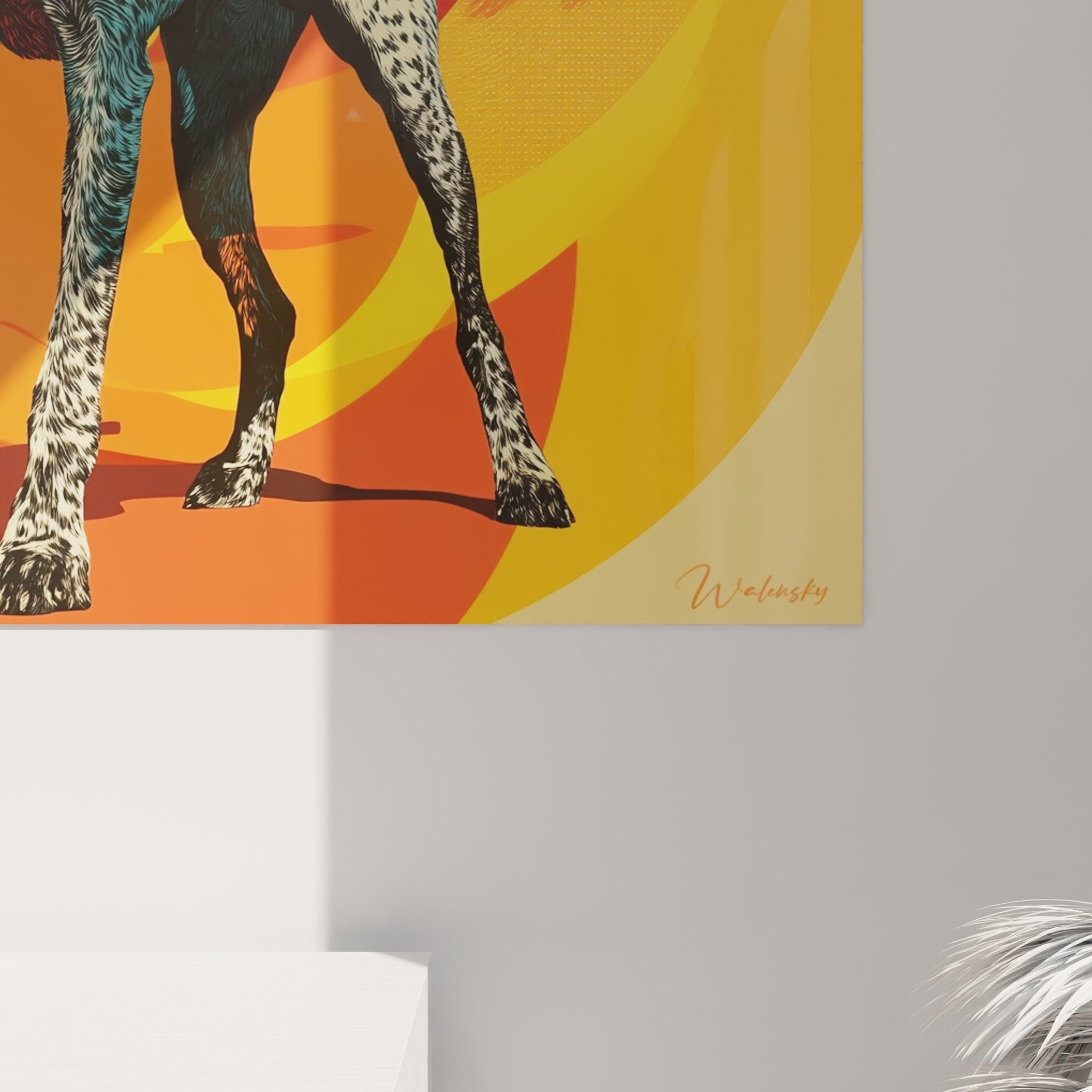 Vista d'insieme quadro ritratto Bracco Tedesco stile pop art cerchi concentrici arancione rosso vintage