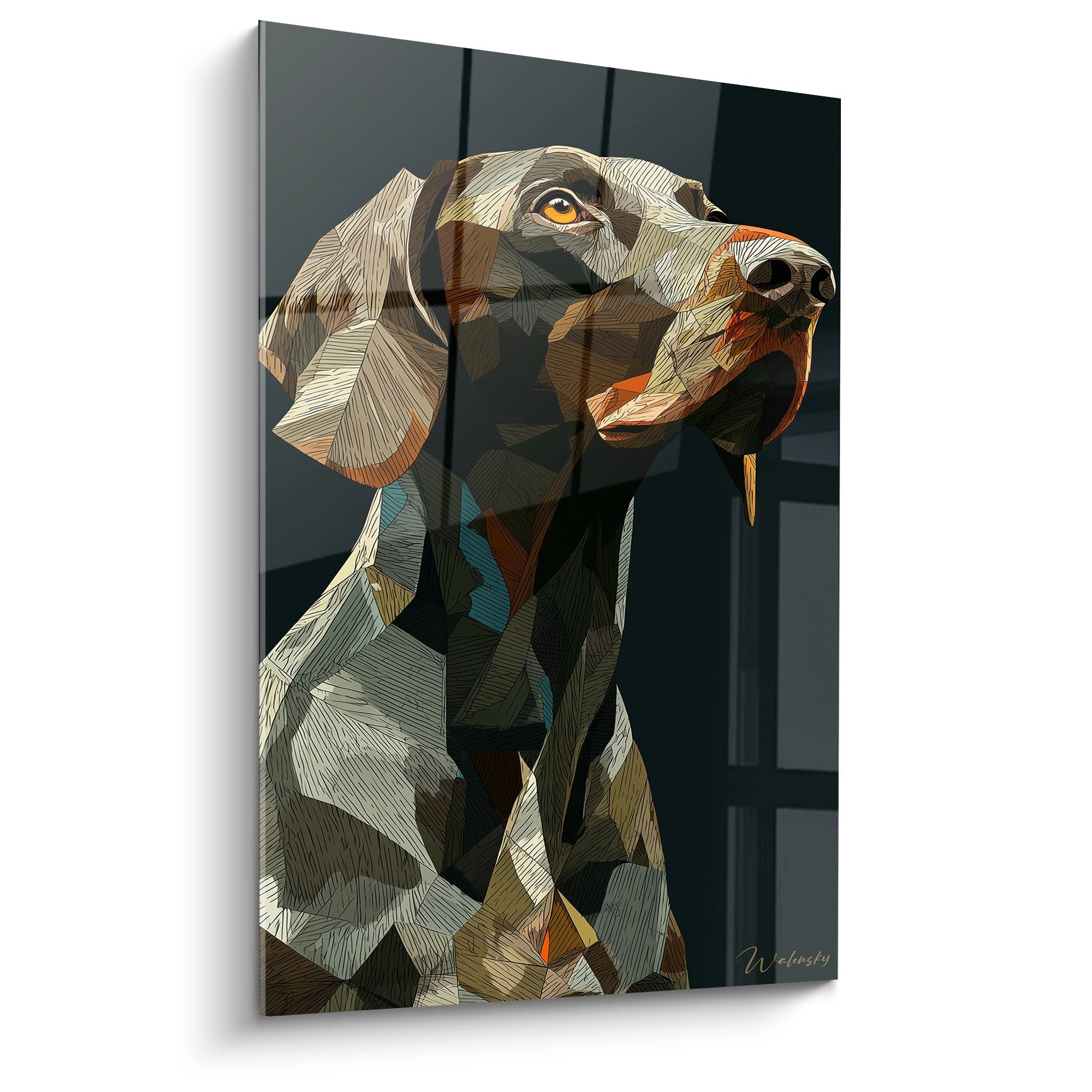 Portrait géométrique Braque Allemand tons bruns turquoise style polygonal moderne regard noble ambré