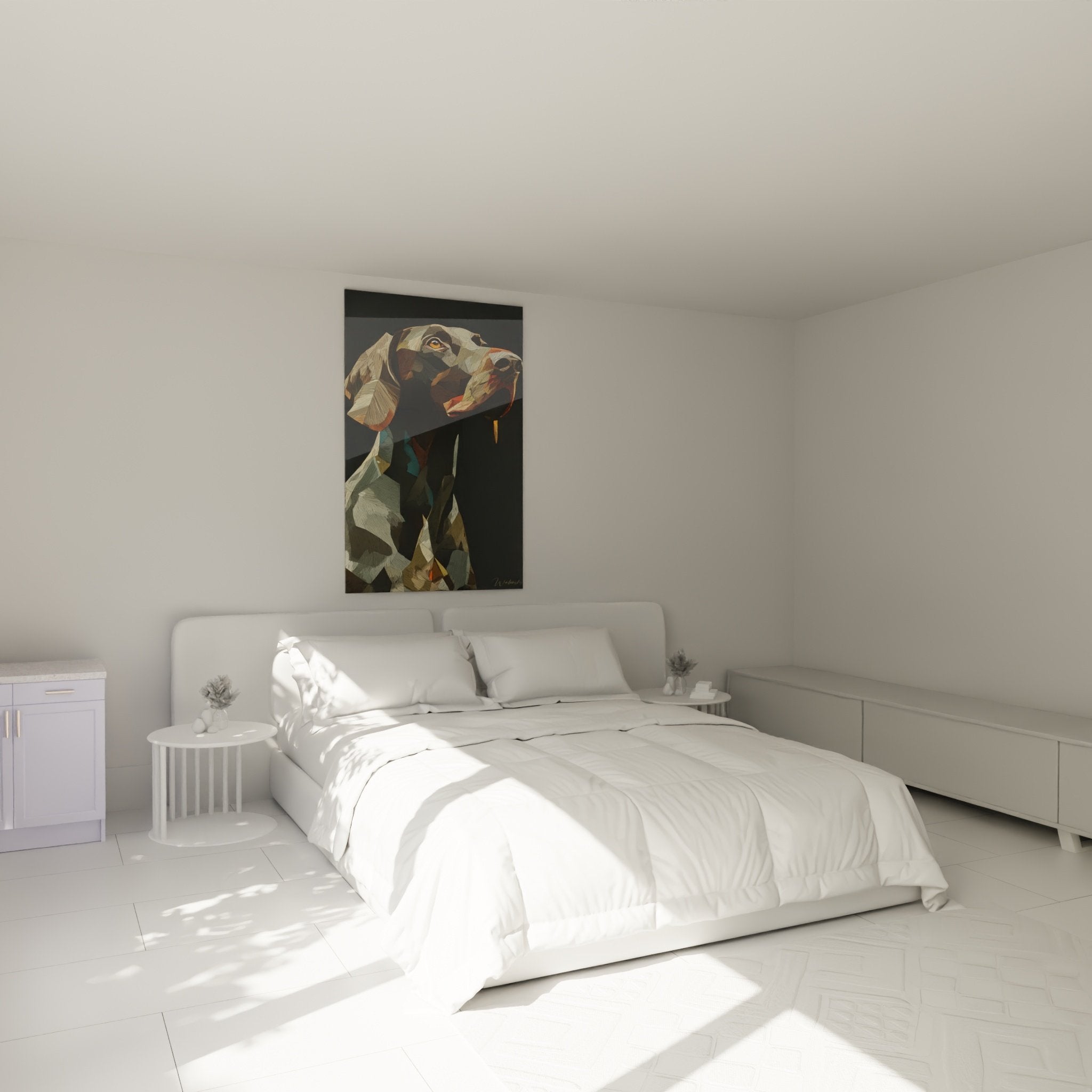 Tableau Braque Allemand géométrique dans chambre moderne décoration murale chien tons chauds