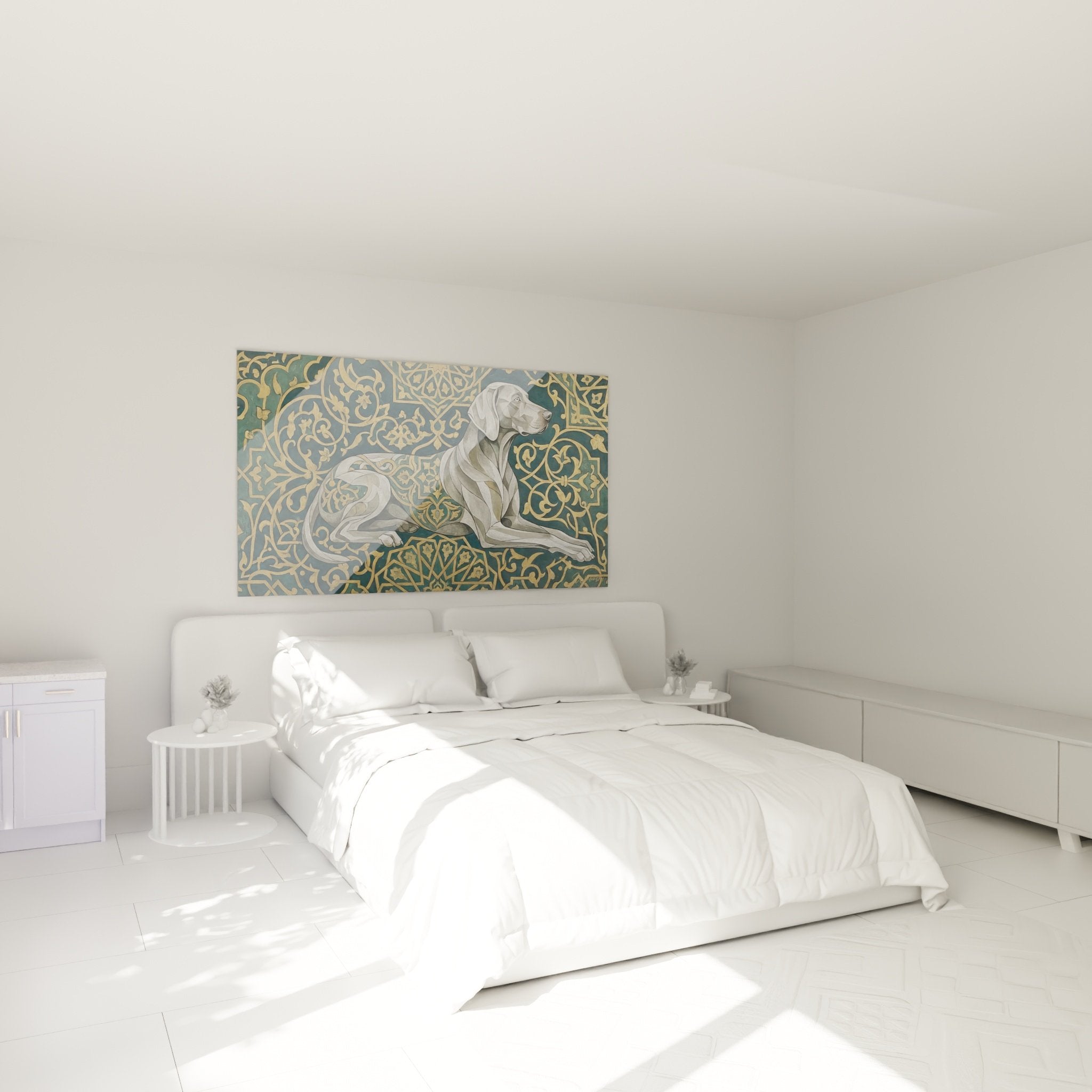 Tableau braque de weimar motifs orientaux dores dans chambre elegante decoration murale art animalier moderne