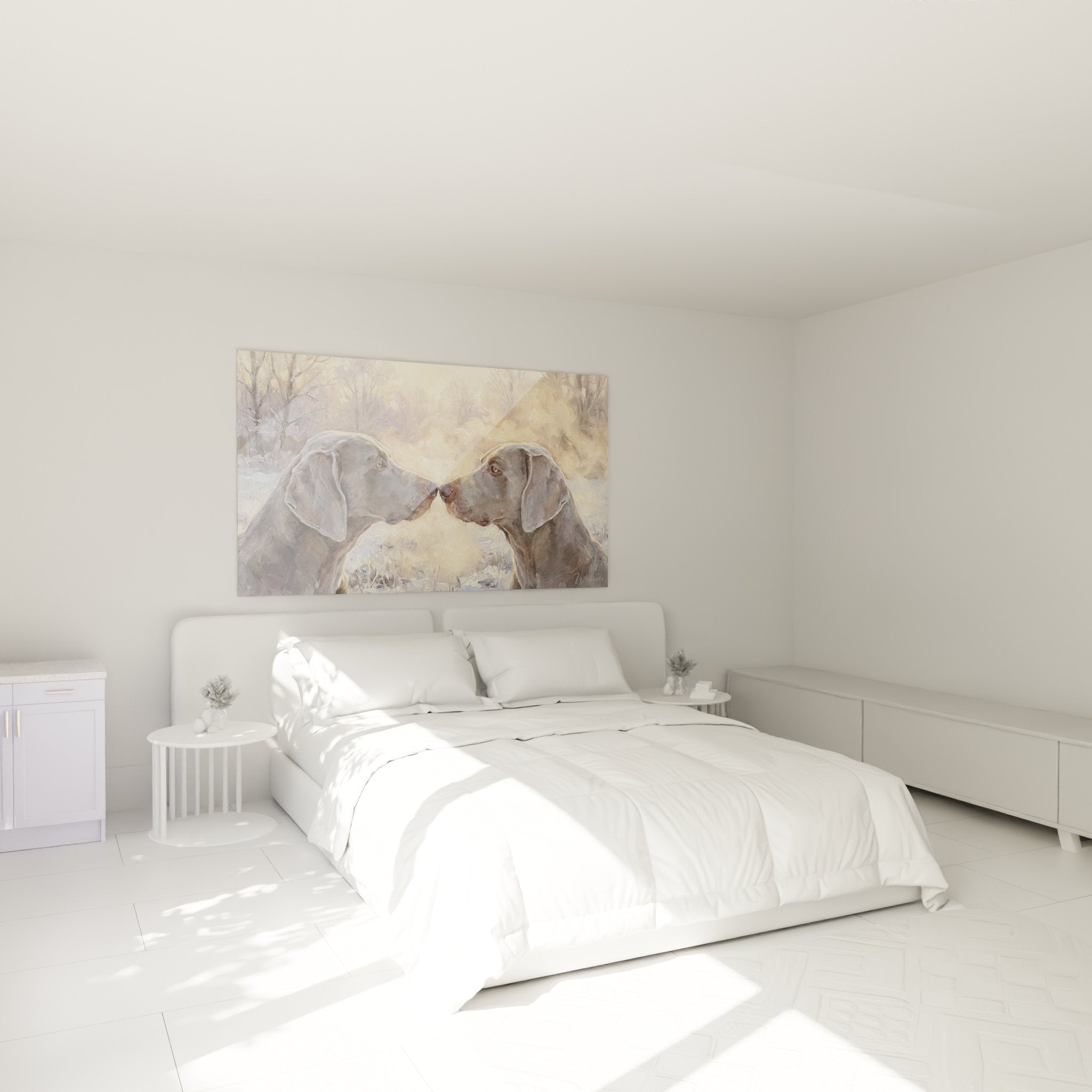 Deux Braques de Weimar gris dans une chambre, peinture murale romantique aux nuances dorées et grises