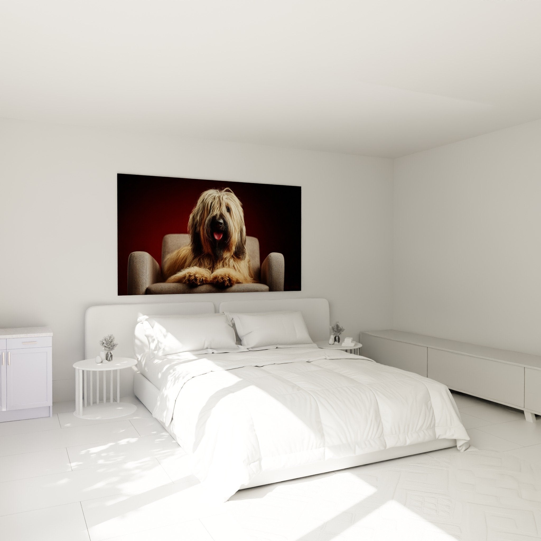 Portrait canin Briard dans chambre, chien élégant au pelage soyeux assis dans fauteuil, décoration murale