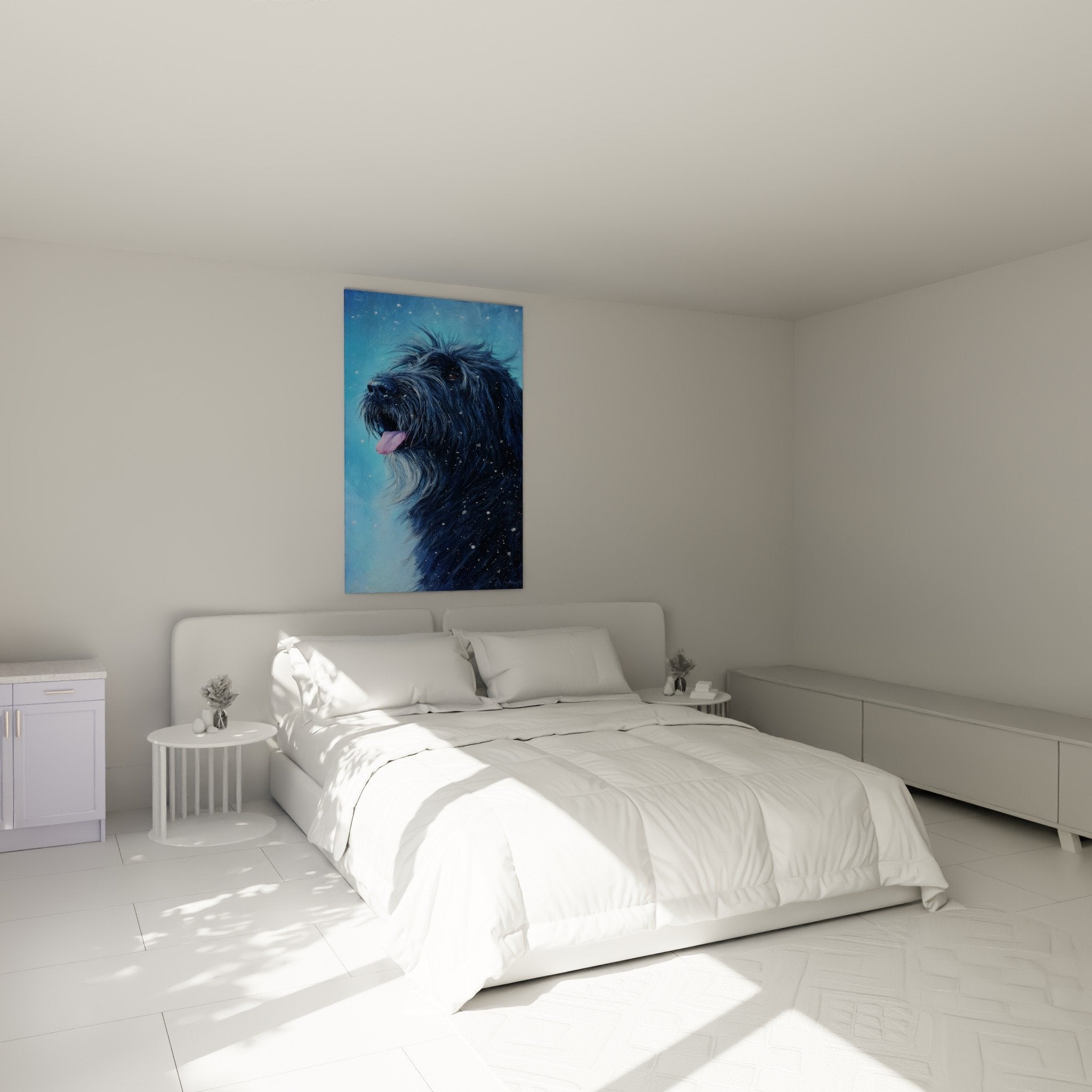 Tableau chien Briard noir neige accroché au mur d'une chambre moderne aux tons neutres et apaisants