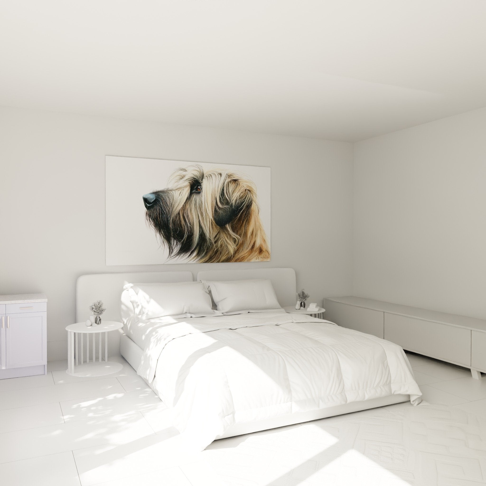 Briard-Porträt Profilansicht Schlafzimmer Wanddekoration Hund goldenes Fell gemütliche Atmosphäre