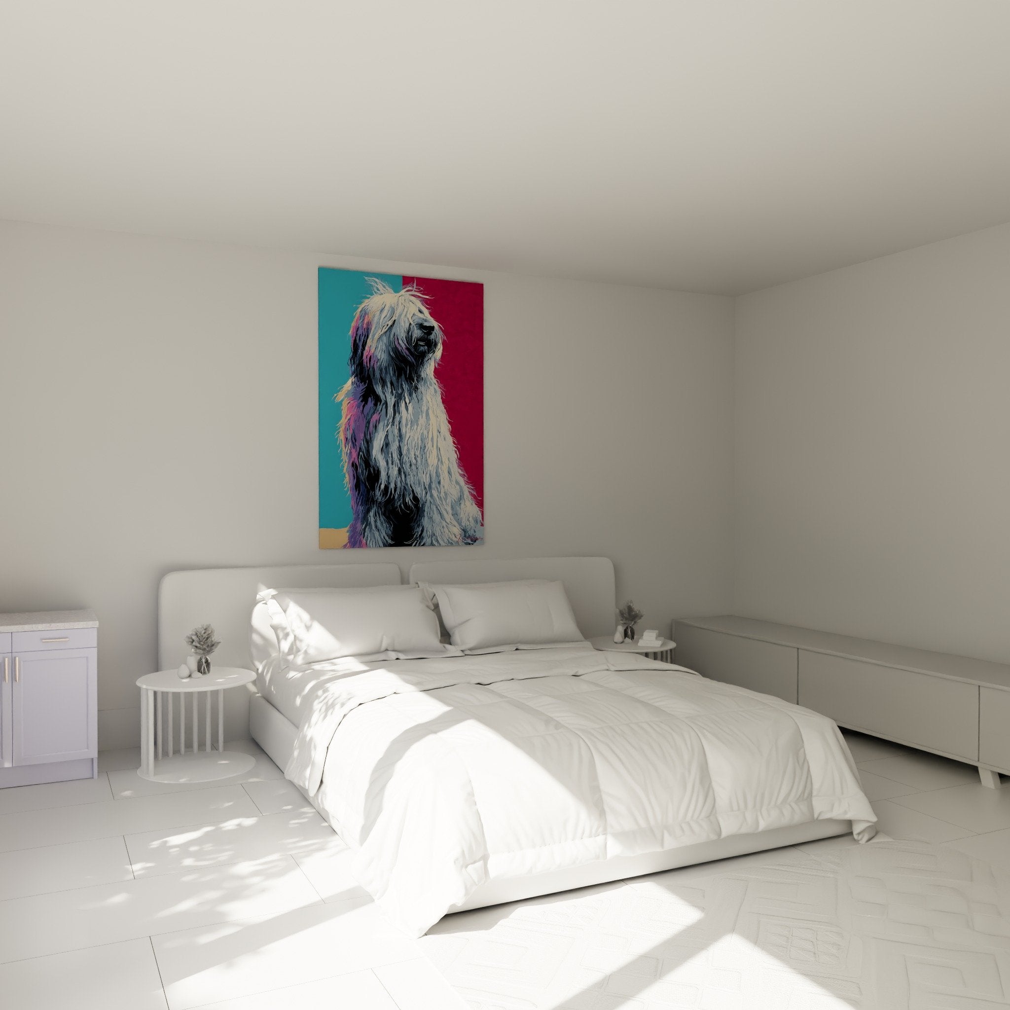 Farbiges Briard-Gemälde in modernem Schlafzimmer mit zeitgenössischer Dekoration und weißen Wänden