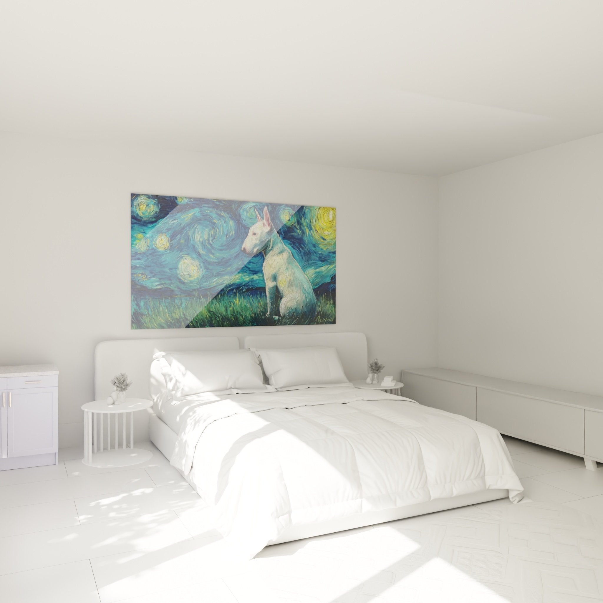 tableau bull terrier blanc tourbillons bleus dans chambre decoration murale art canin style van gogh