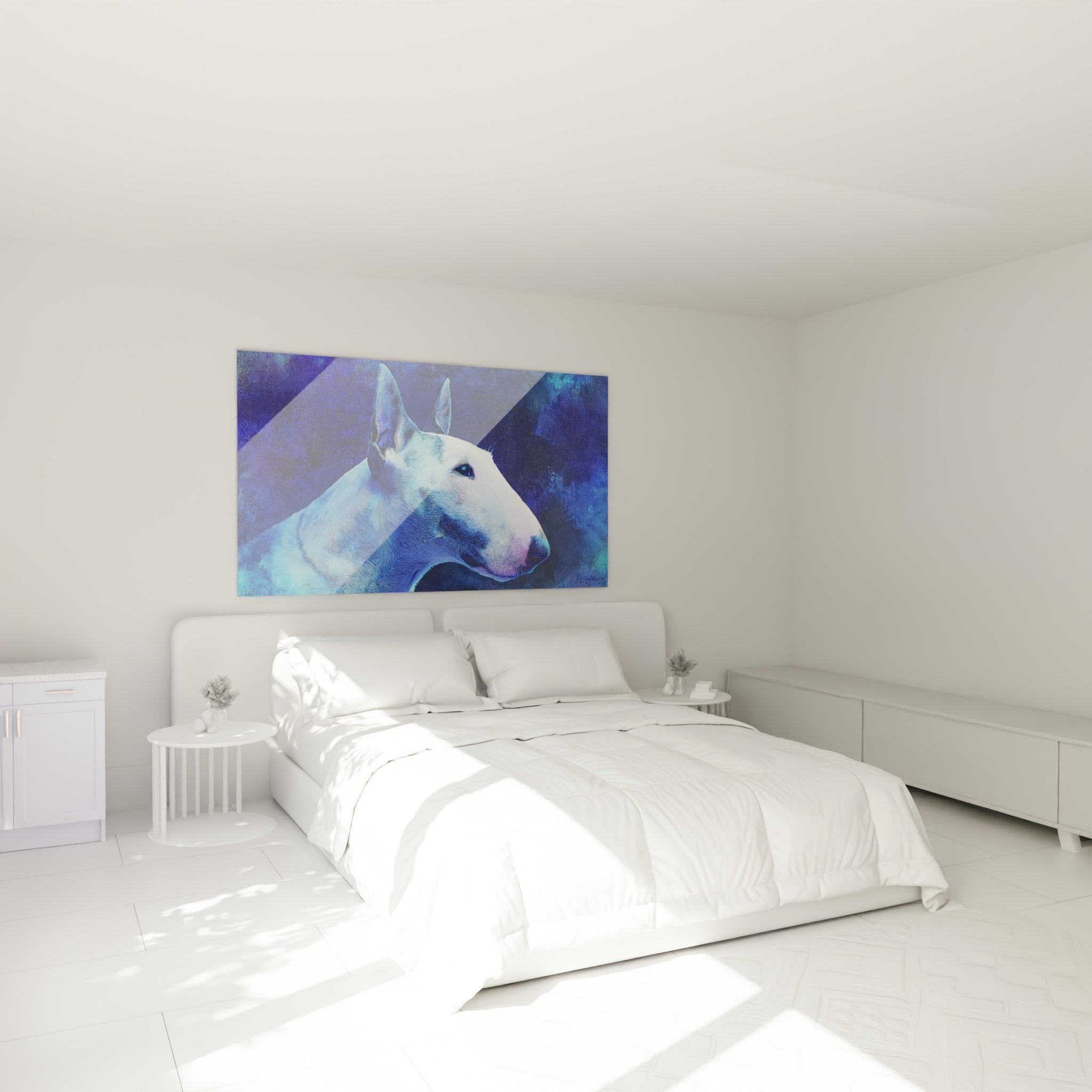 Blaudrucke Bull Terrier Wandbild modernes Schlafzimmer Wanddeko zeitgenössische Kunst Hundeporträt Glaceoptik