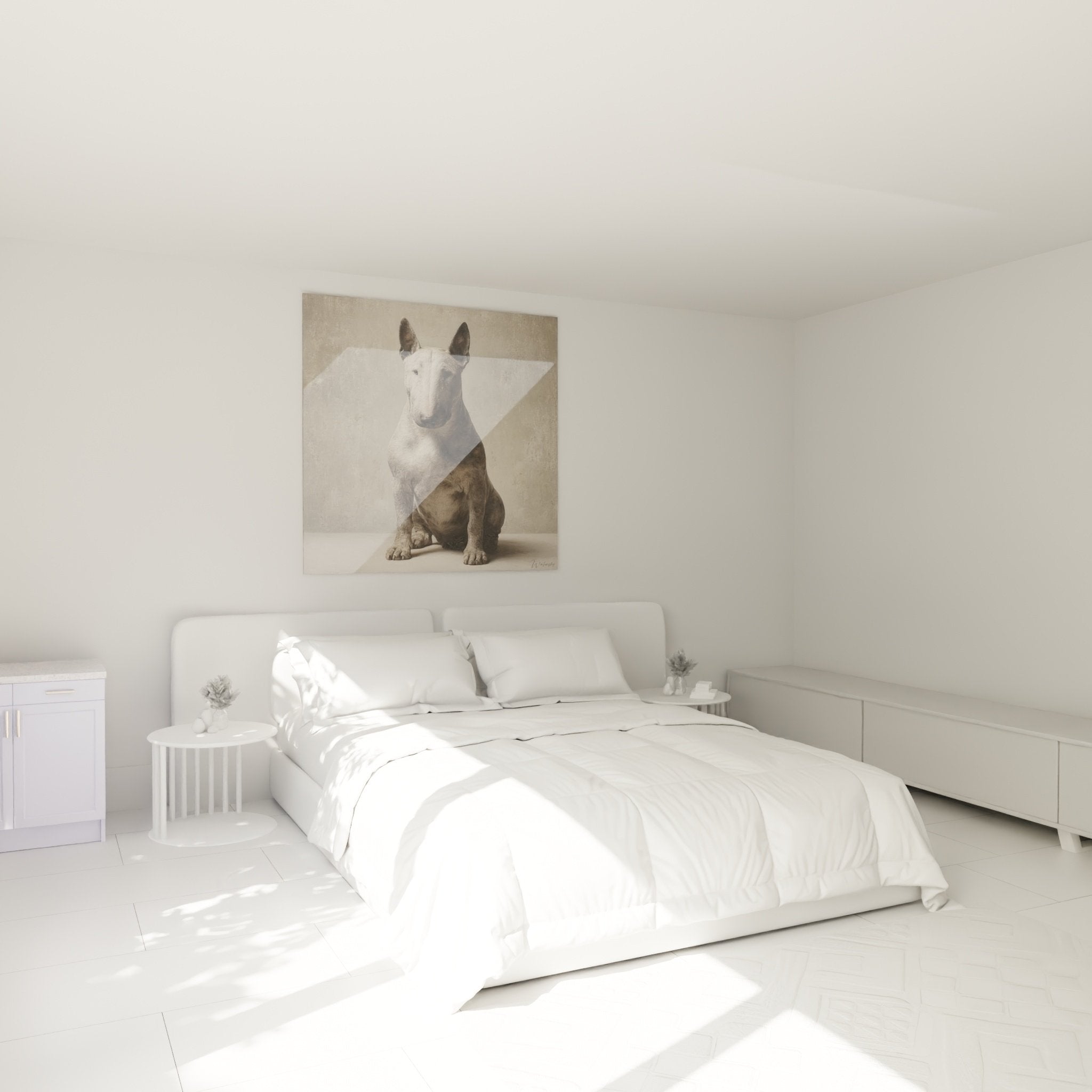 Tableau Bull Terrier blanc portrait monochrome dans chambre moderne décoration murale