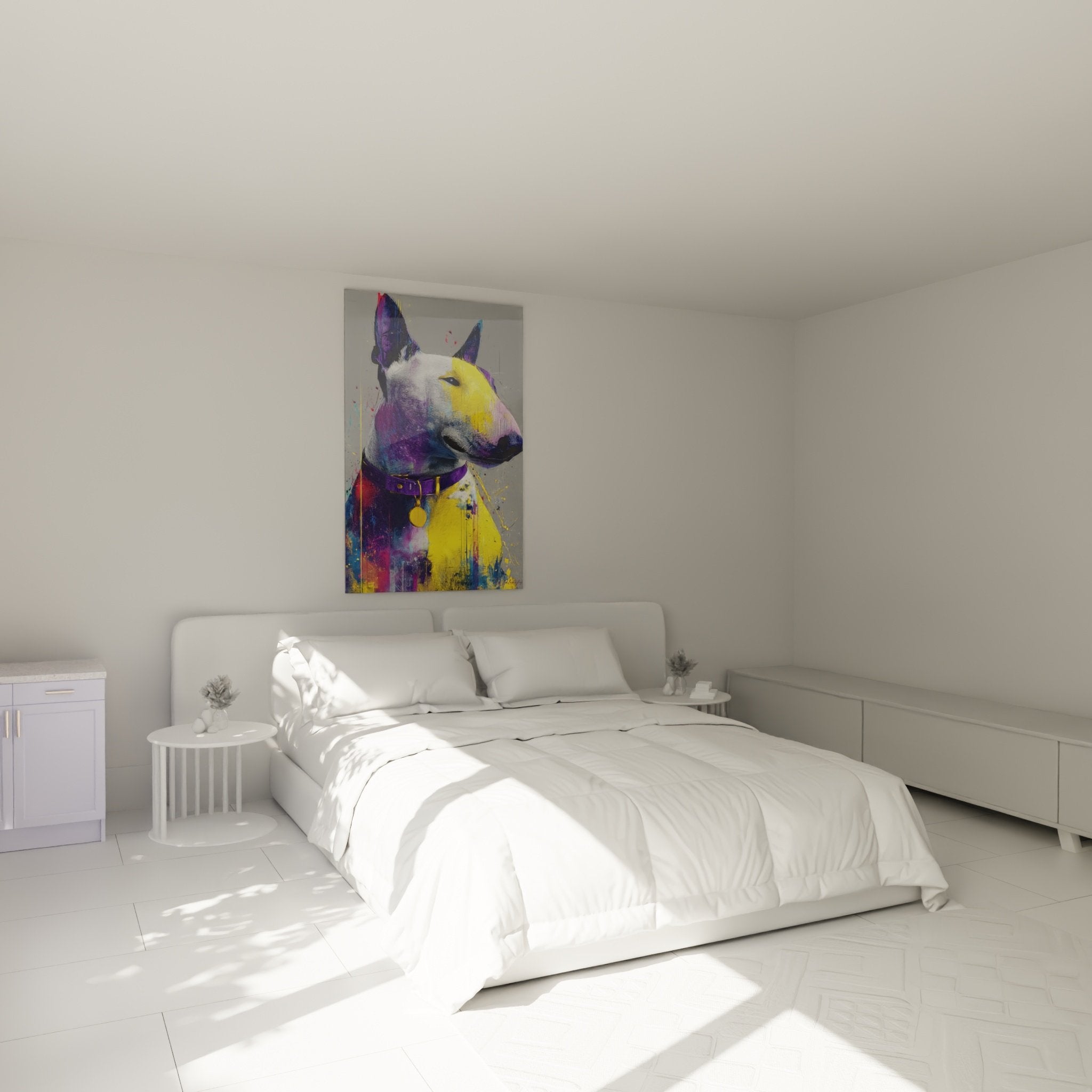 Gemälde Bull Terrier Porträt farbig dekoriertes modernes Schlafzimmer weißer Wand zeitgenössische Atmosphäre