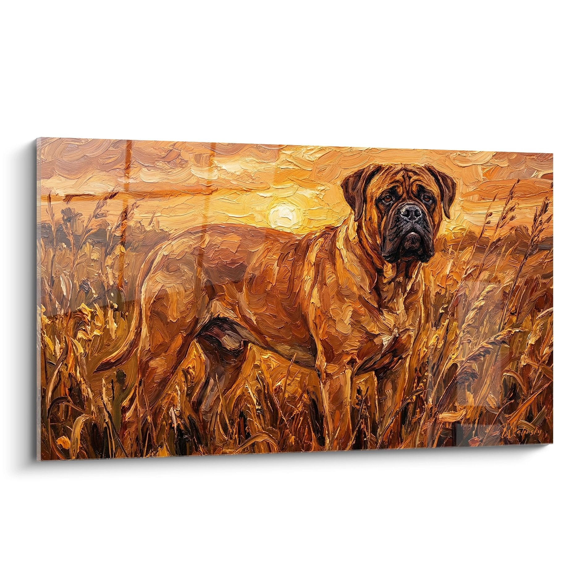Tableau bullmastiff dans champ de blés dorés au coucher de soleil avec technique empâtement peinture automnale